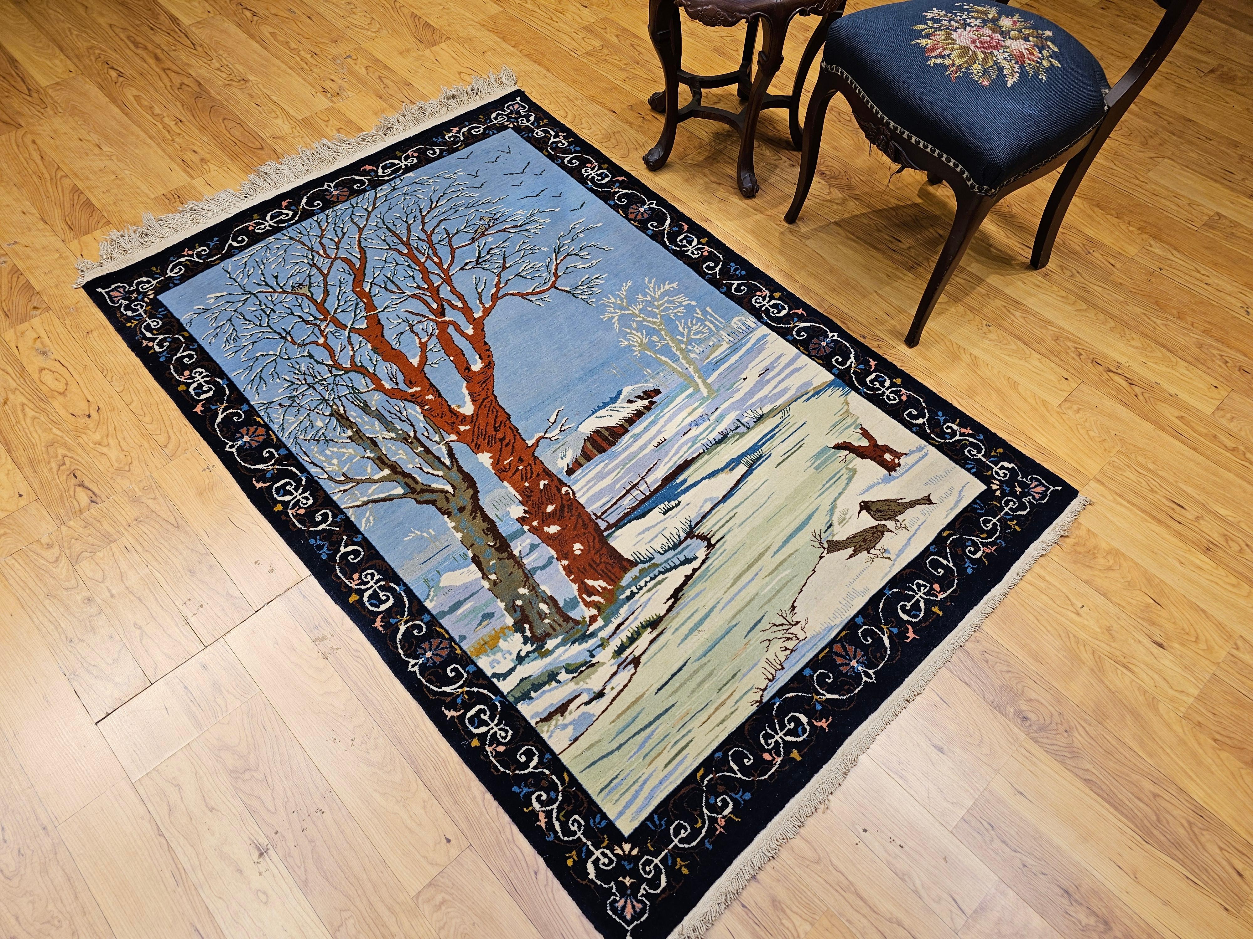 Vintage Persian Tabriz Pictorial Area Rug of a Winter Forest Scene For Sale 6