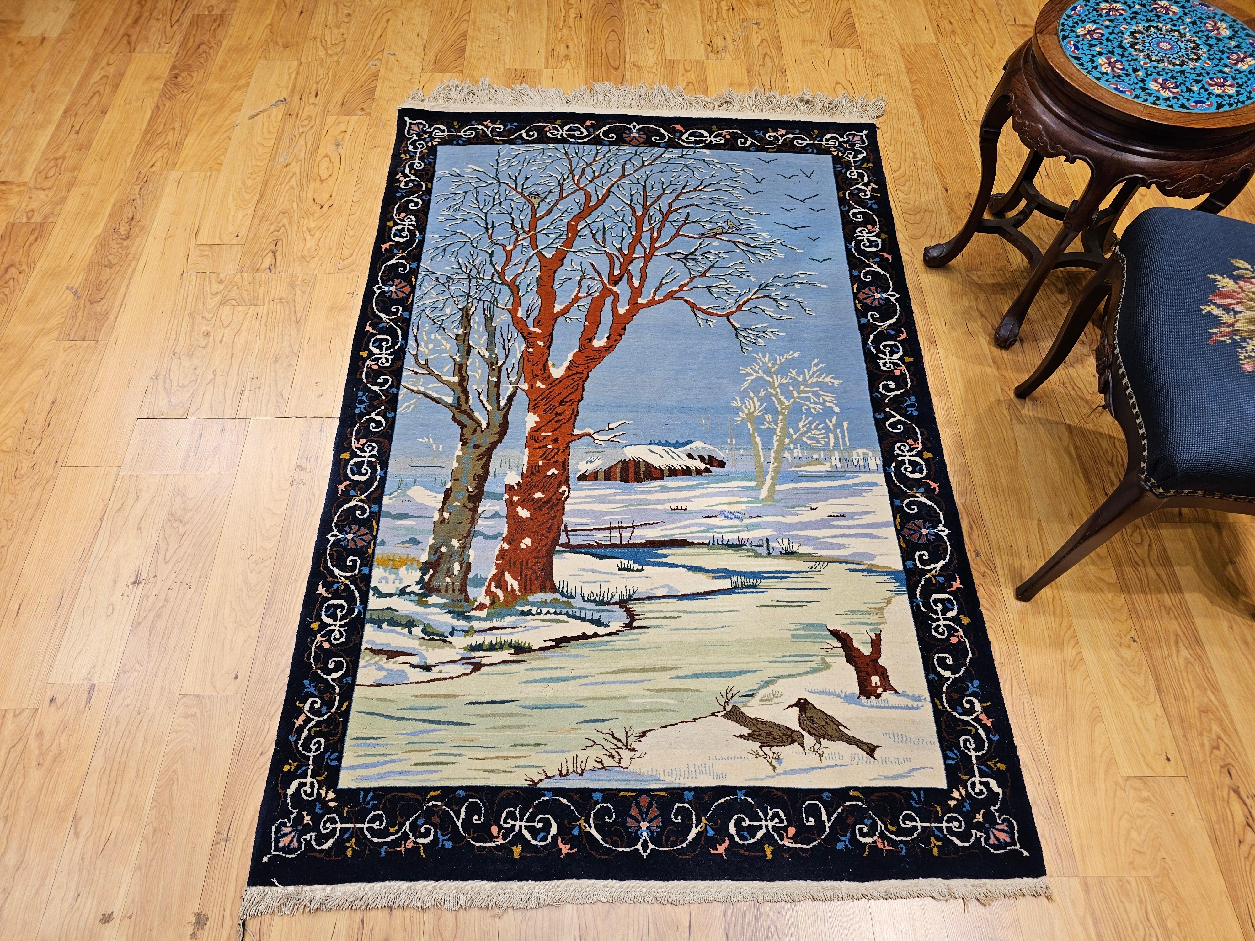 Vintage Persian Tabriz Pictorial Area Rug of a Winter Forest Scene For Sale 7