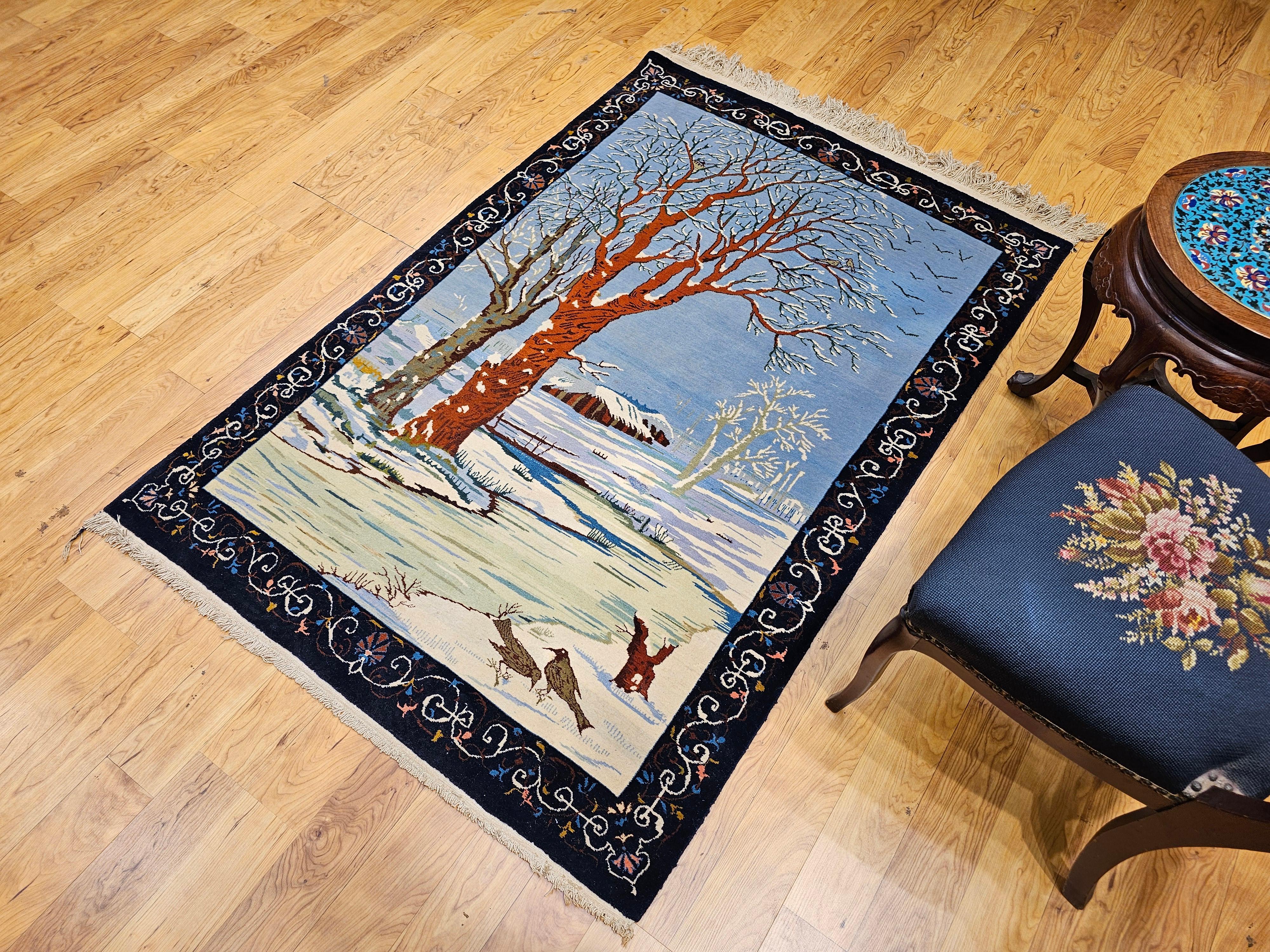 Vintage Persian Tabriz Pictorial Area Rug of a Winter Forest Scene For Sale 8
