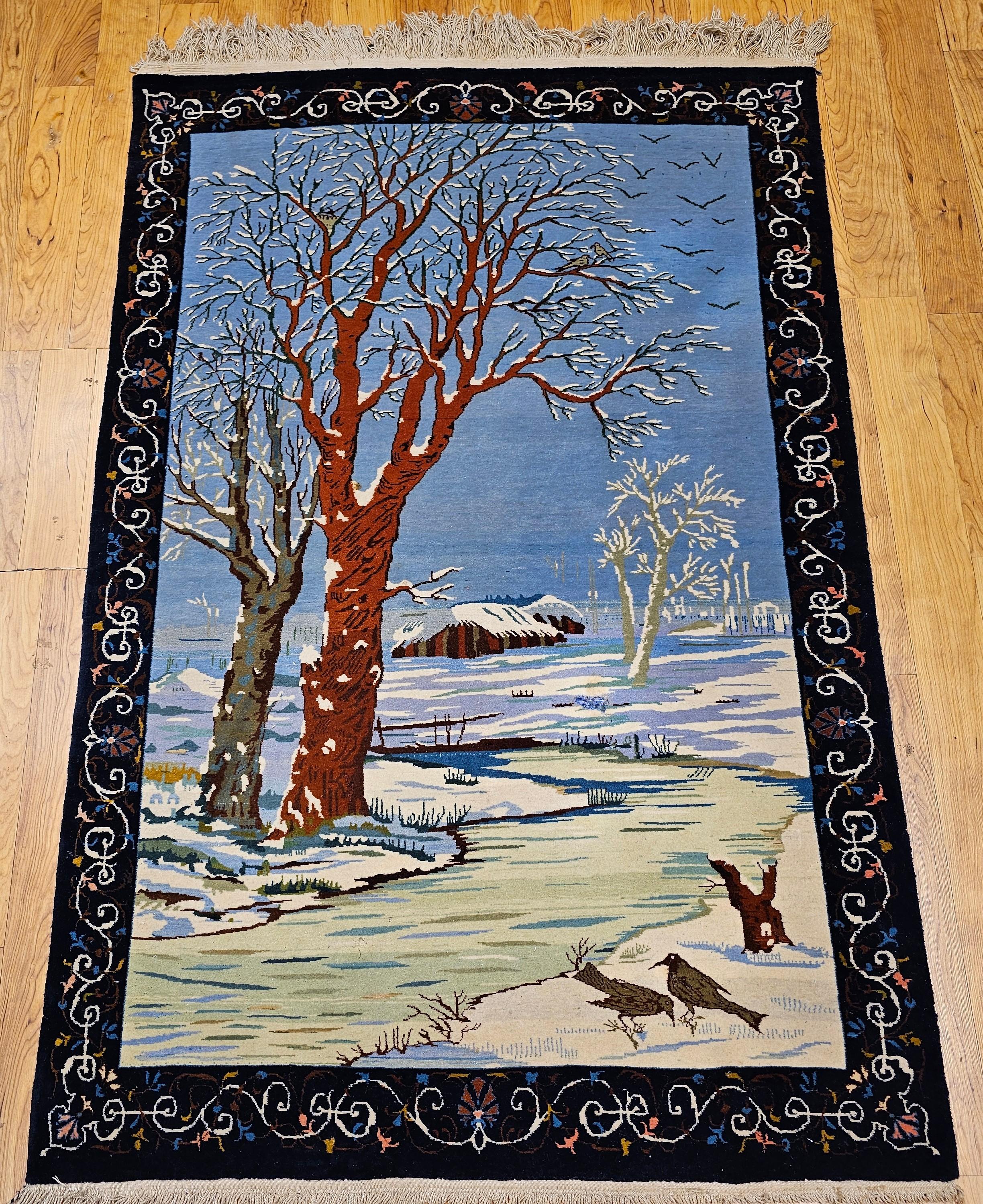 Vintage Persian Tabriz Pictorial Area Rug of a Winter Forest Scene For Sale 10