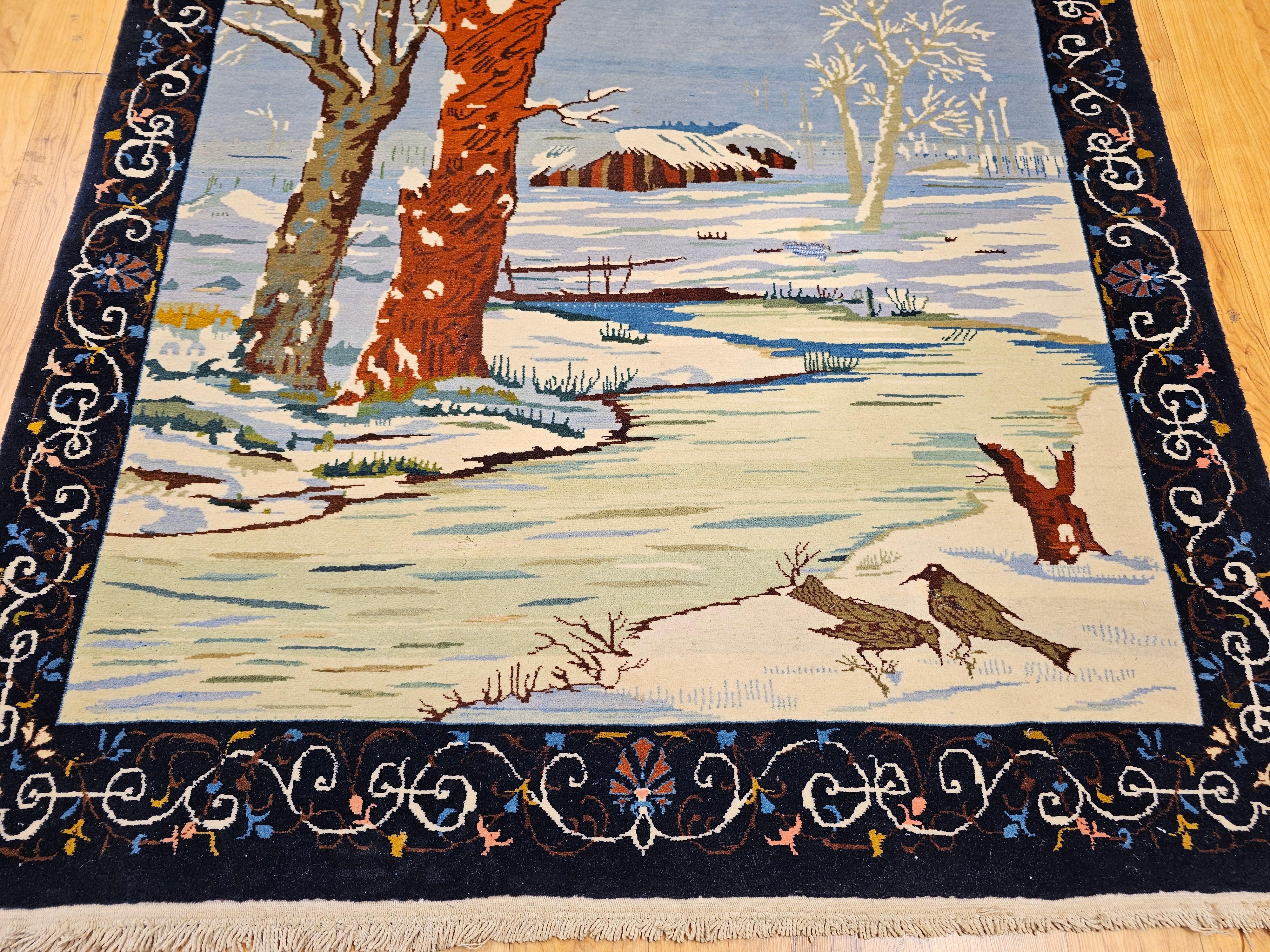 Hand-Knotted Vintage Persian Tabriz Pictorial Area Rug of a Winter Forest Scene For Sale