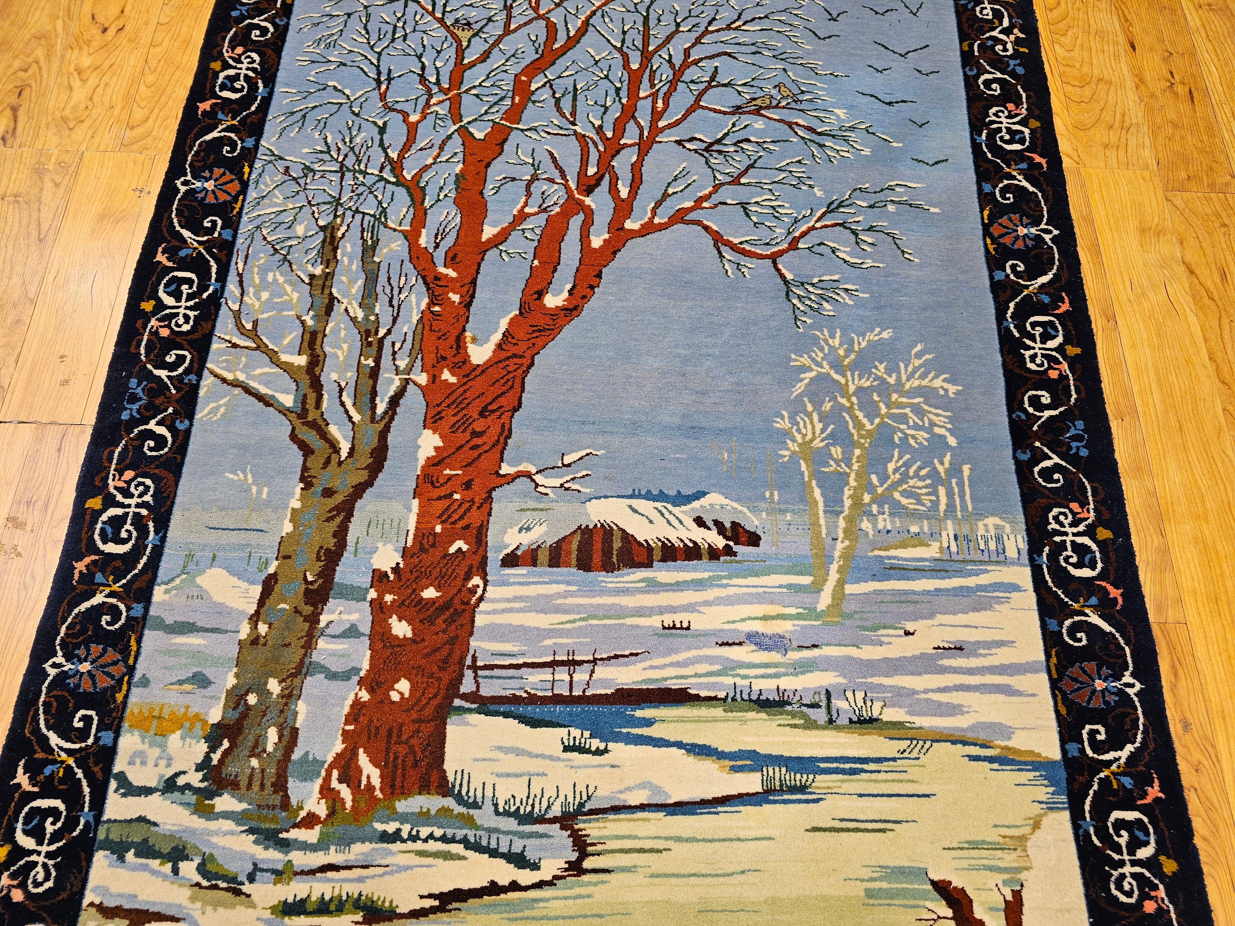 Vintage Persian Tabriz Pictorial Area Rug of a Winter Forest Scene In Good Condition For Sale In Barrington, IL