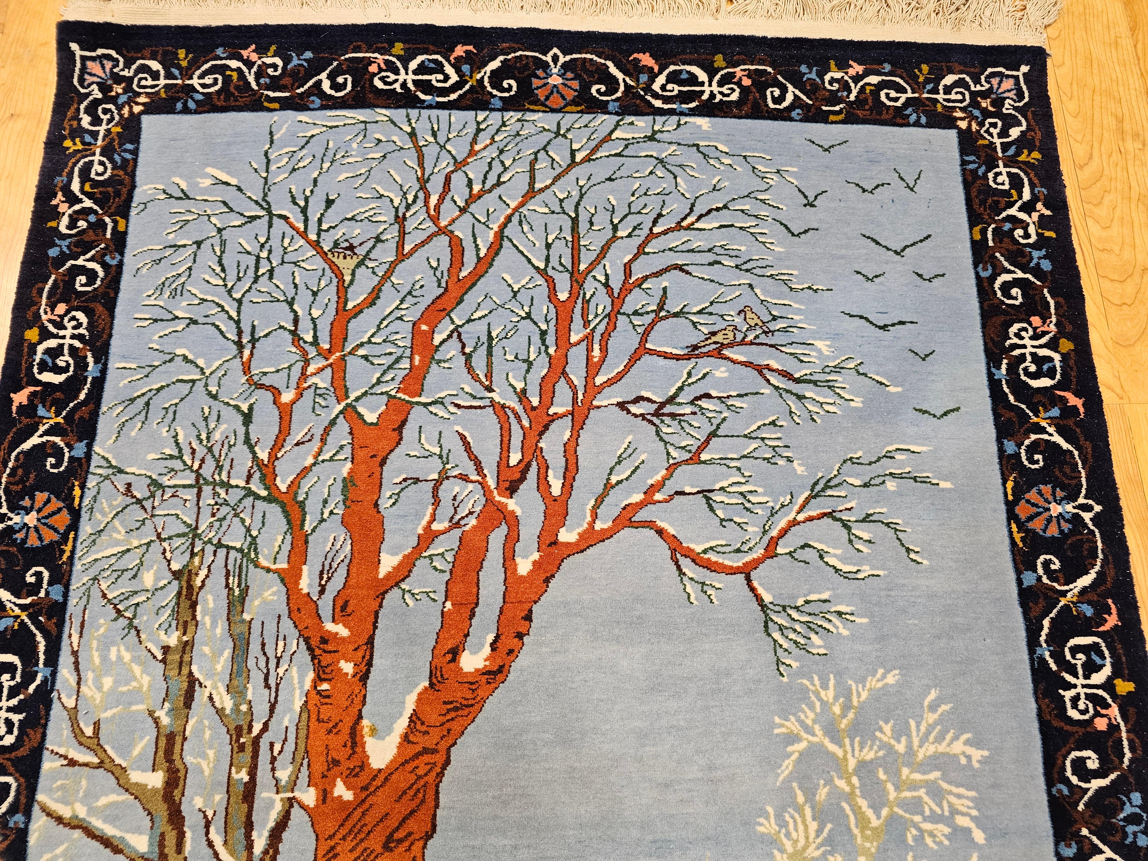 20th Century Vintage Persian Tabriz Pictorial Area Rug of a Winter Forest Scene For Sale