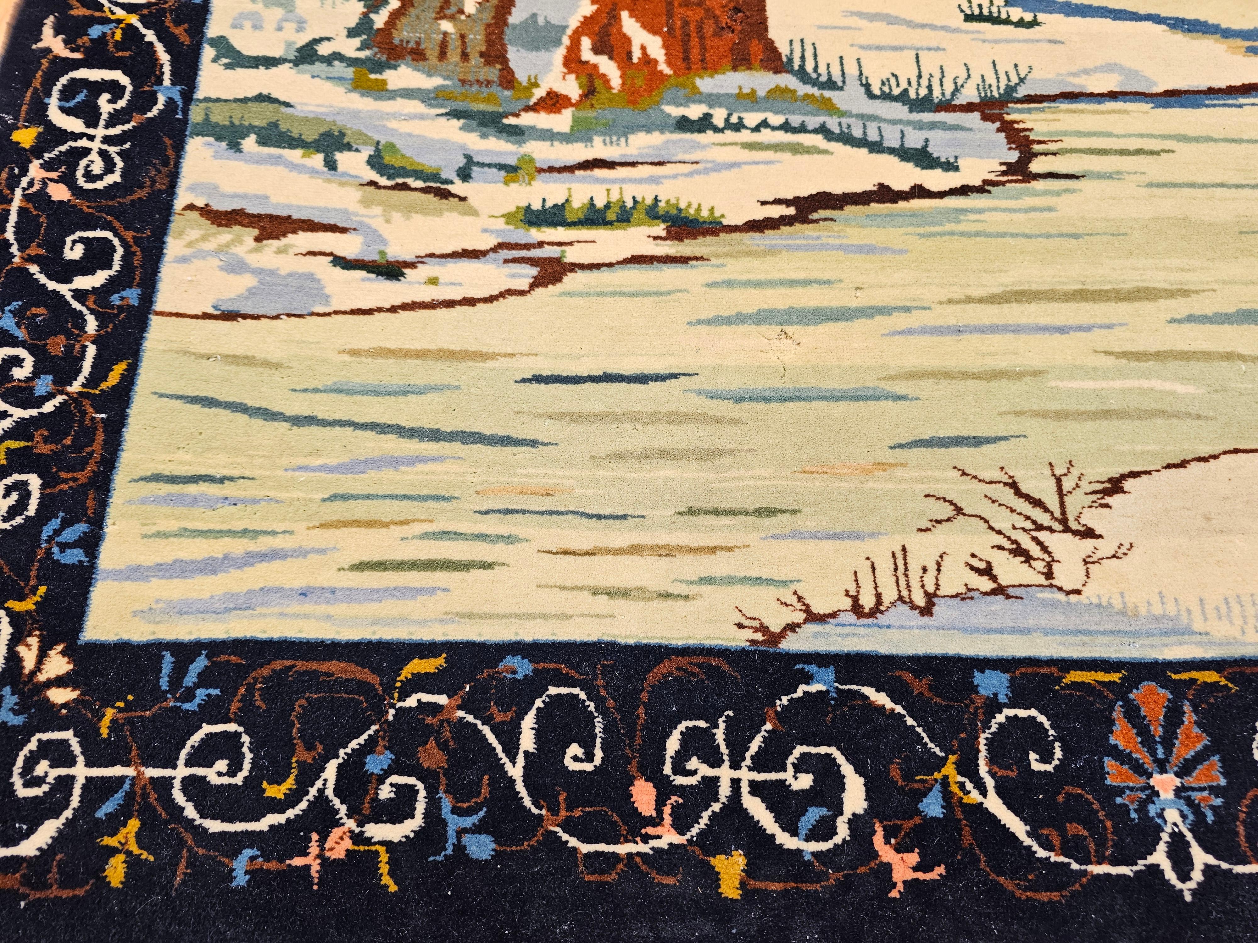 Wool Vintage Persian Tabriz Pictorial Area Rug of a Winter Forest Scene For Sale