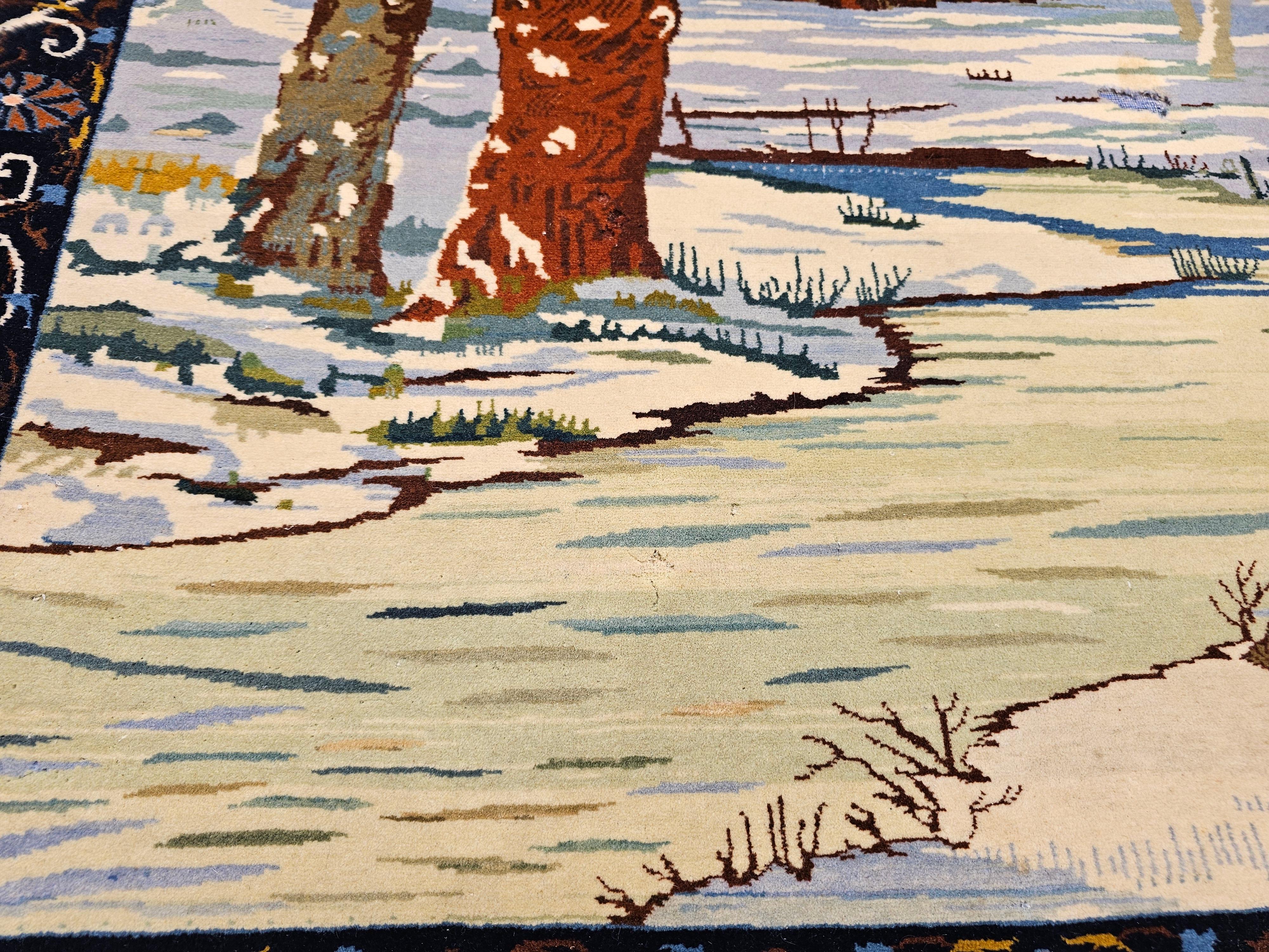 Vintage Persian Tabriz Pictorial Area Rug of a Winter Forest Scene For Sale 1