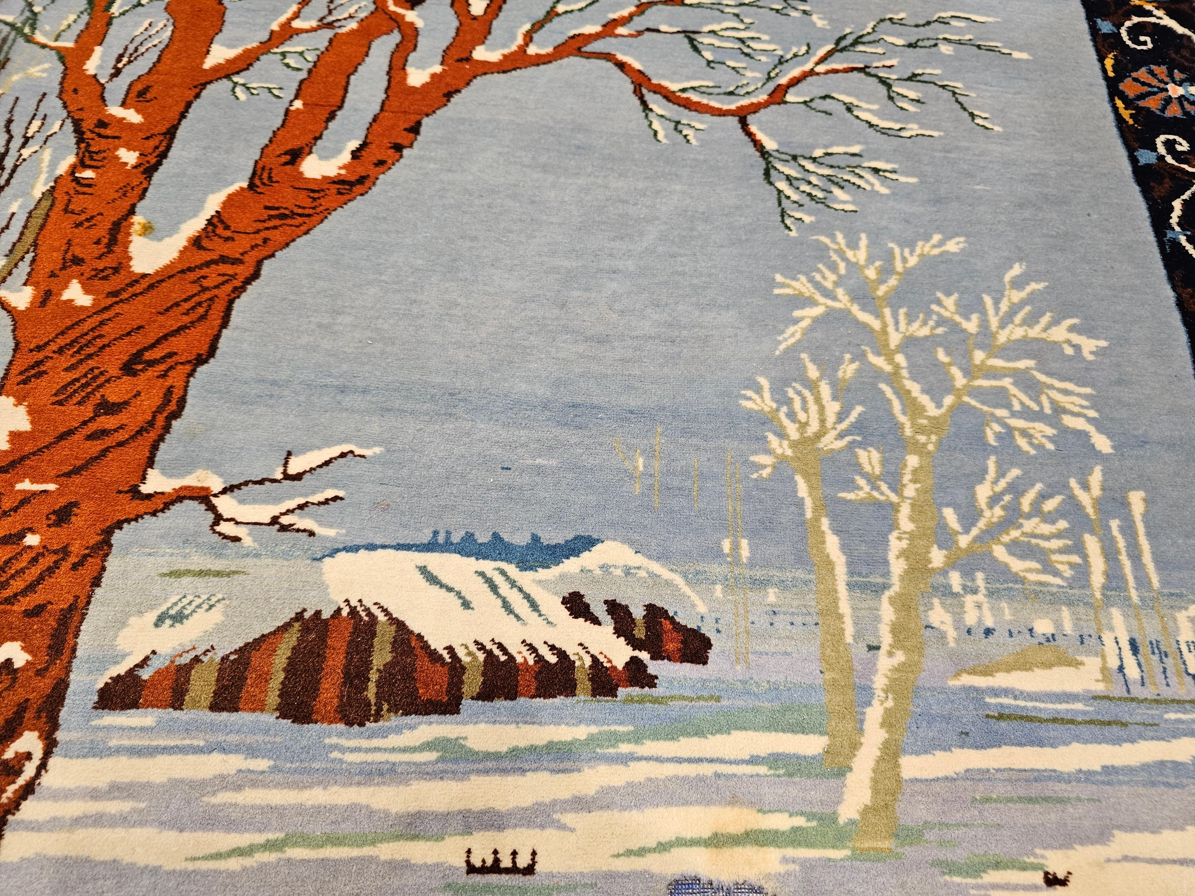 Vintage Persian Tabriz Pictorial Area Rug of a Winter Forest Scene For Sale 3