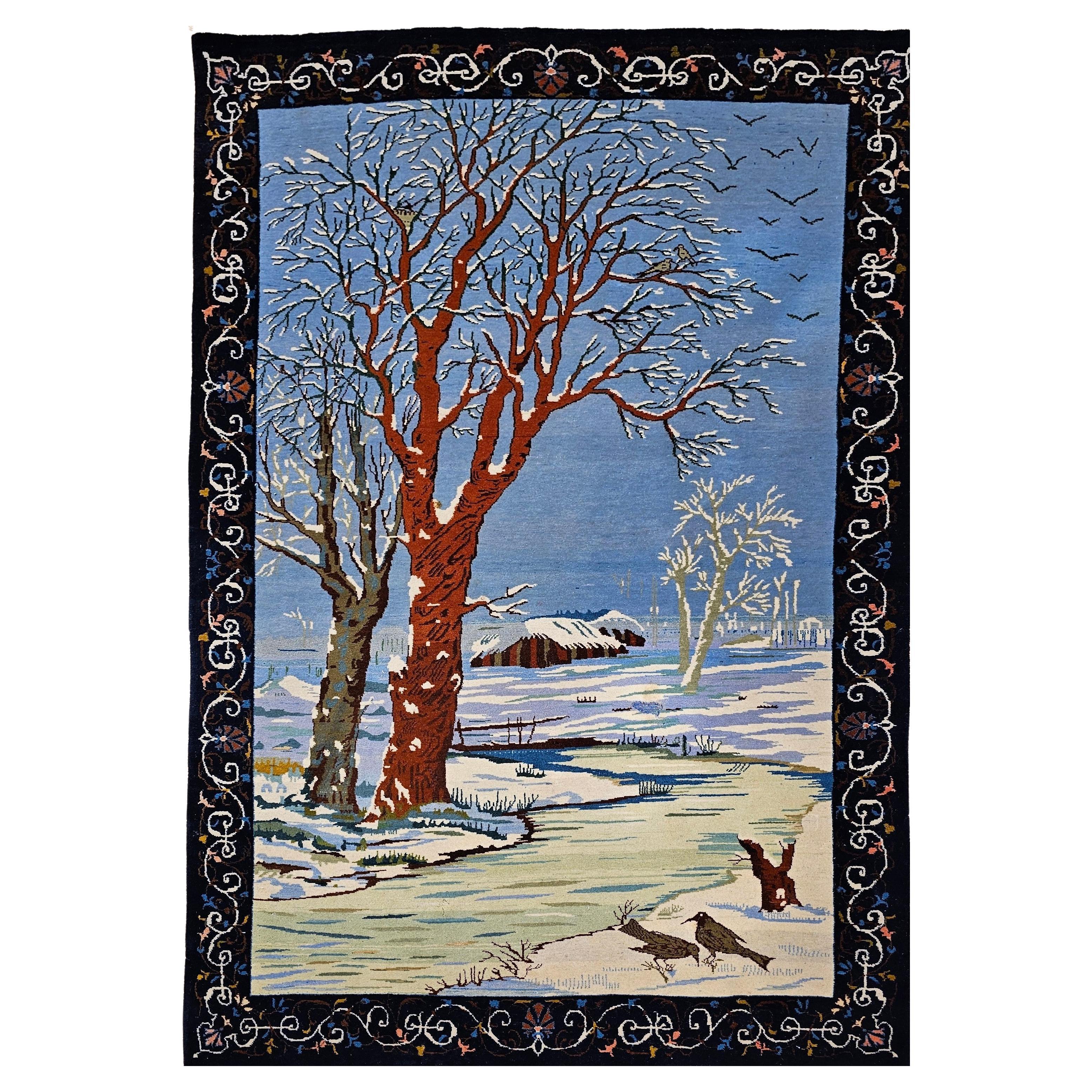 Vintage Persian Tabriz Pictorial Area Rug of a Winter Forest Scene For Sale