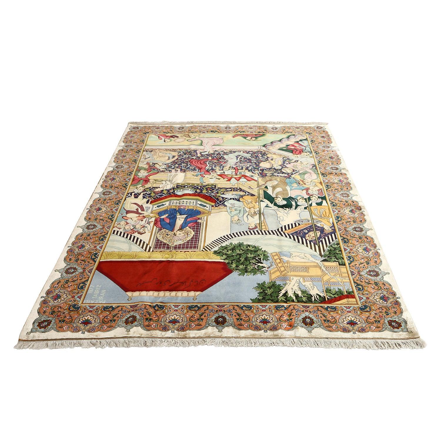 Alfombra Pictórica Persa Tabriz Vintage - Tamaño: 9'5 X 6'9 Anudado a mano en venta