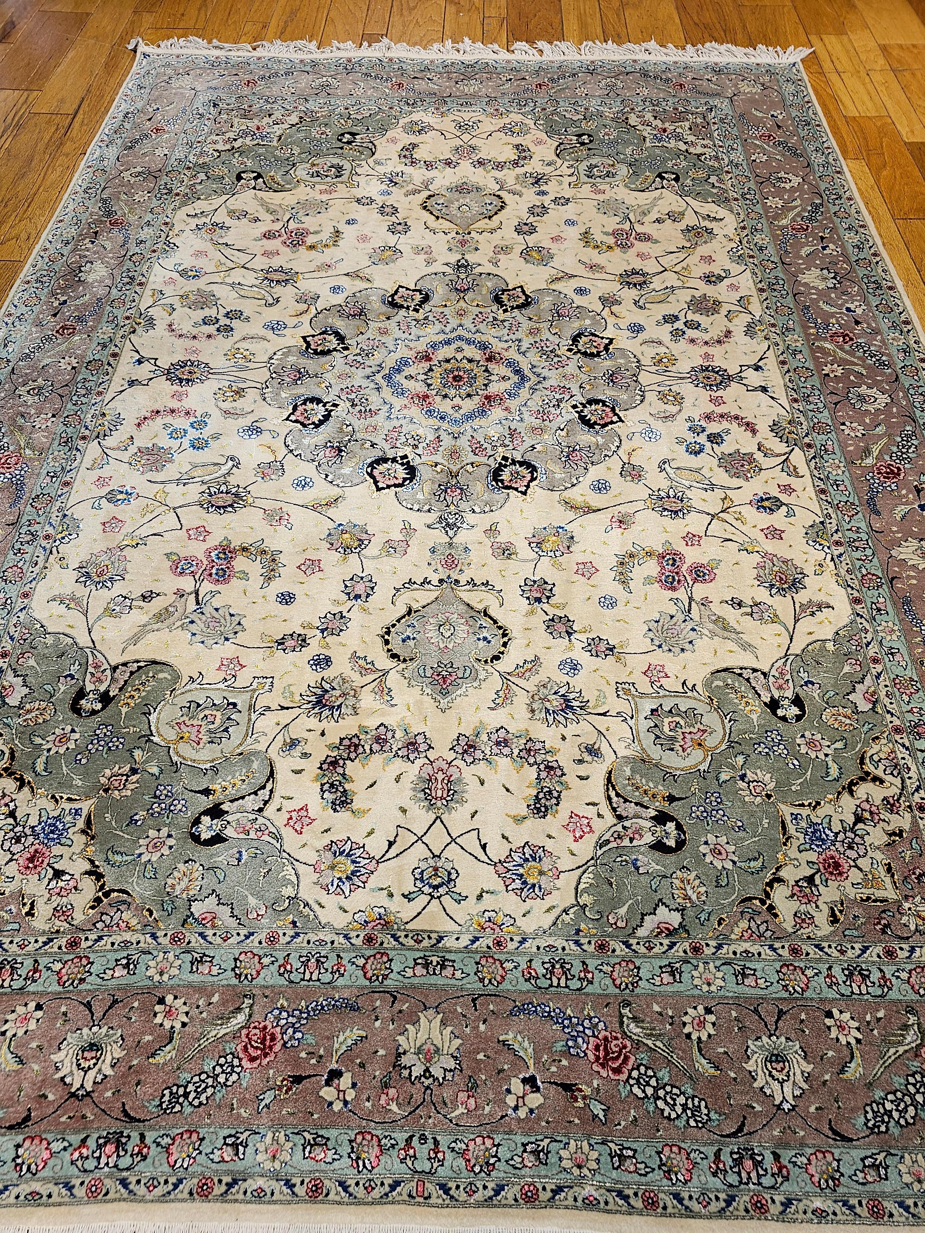 Vintage Persian Tabriz Room Size Rug in a Floral Pattern in Ivory, Taupe, Sage For Sale 9