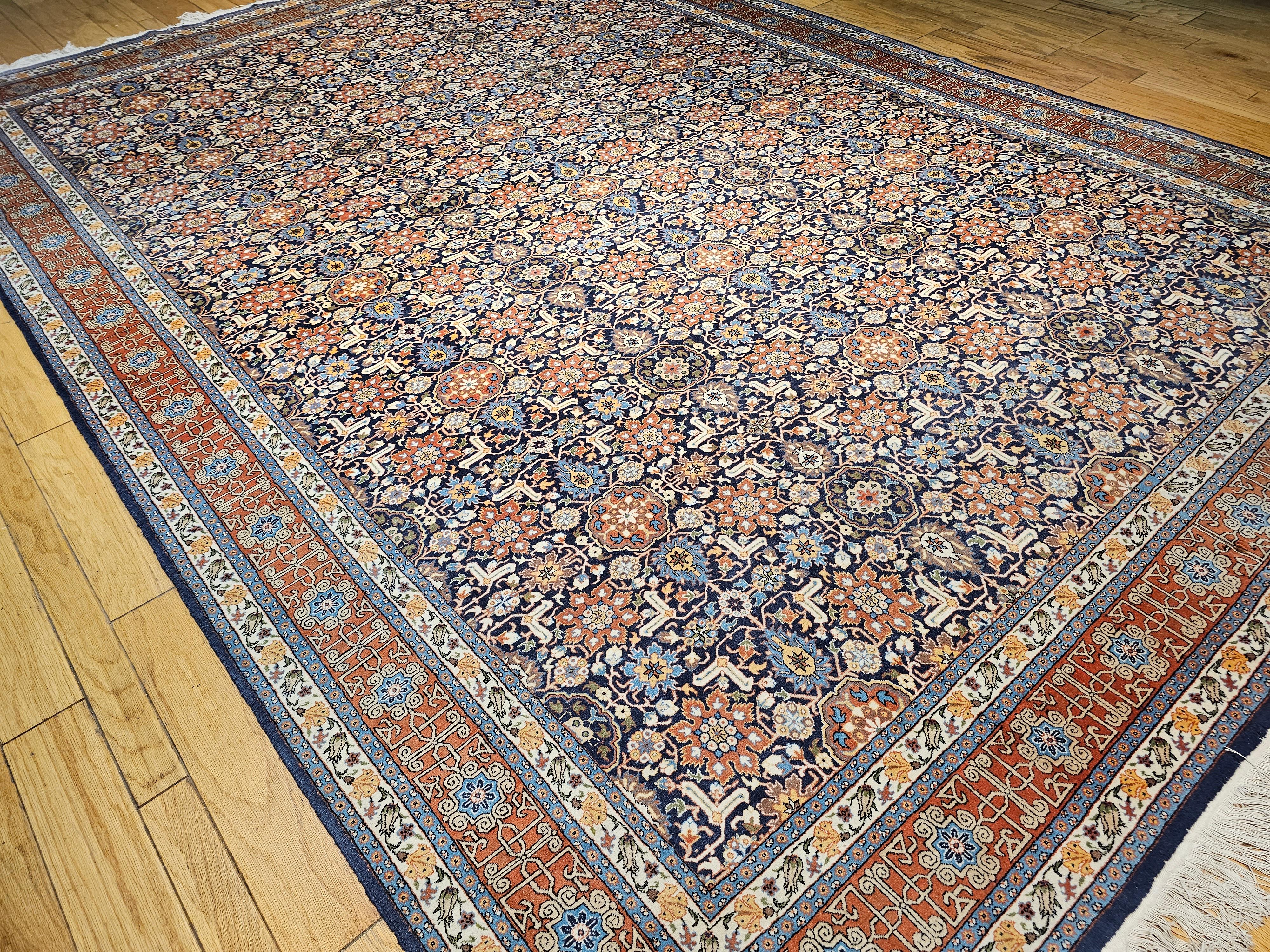 Wool Vintage Persian Tabriz in Allover Afshan Geometric Pattern in Navy Blue, Red For Sale