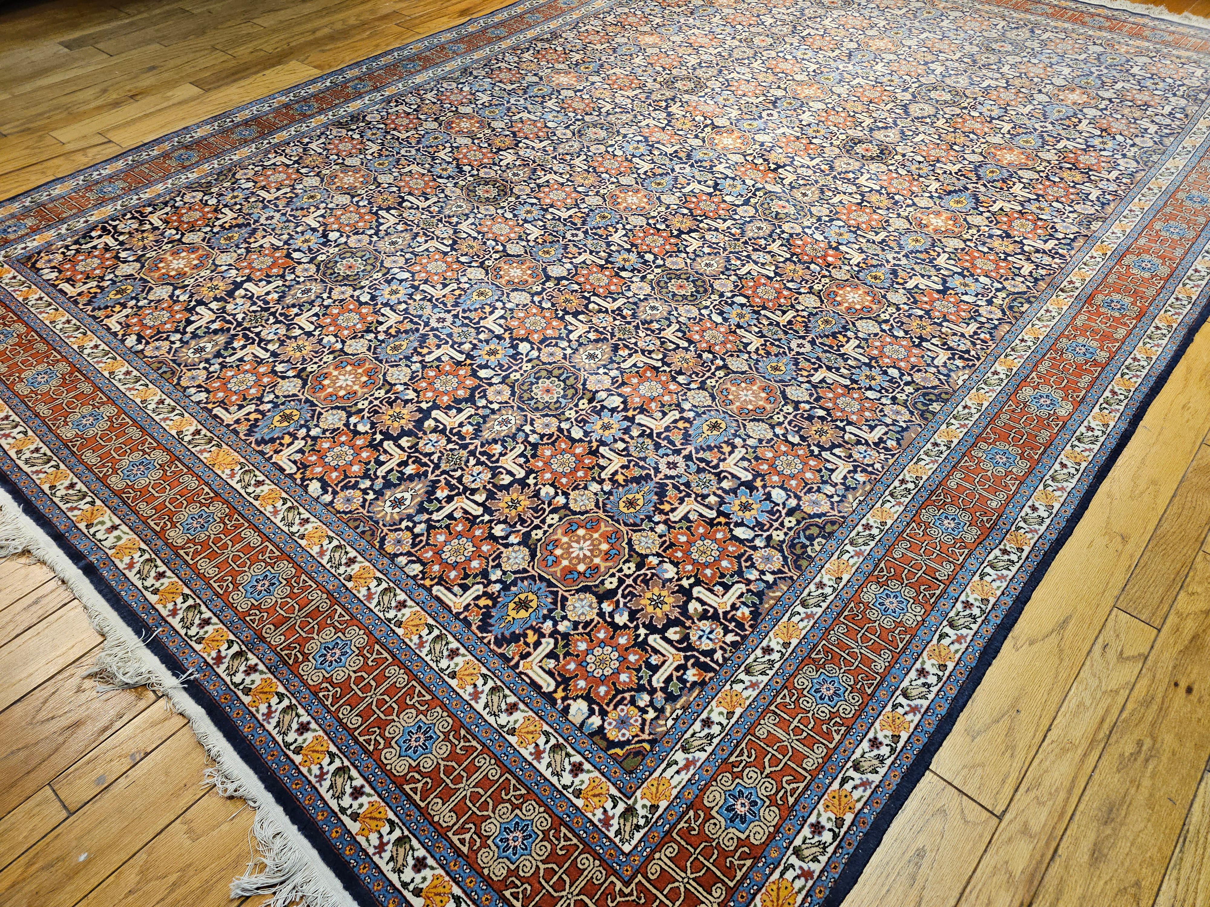 Vintage Persian Tabriz in Allover Afshan Geometric Pattern in Navy Blue, Red For Sale 3