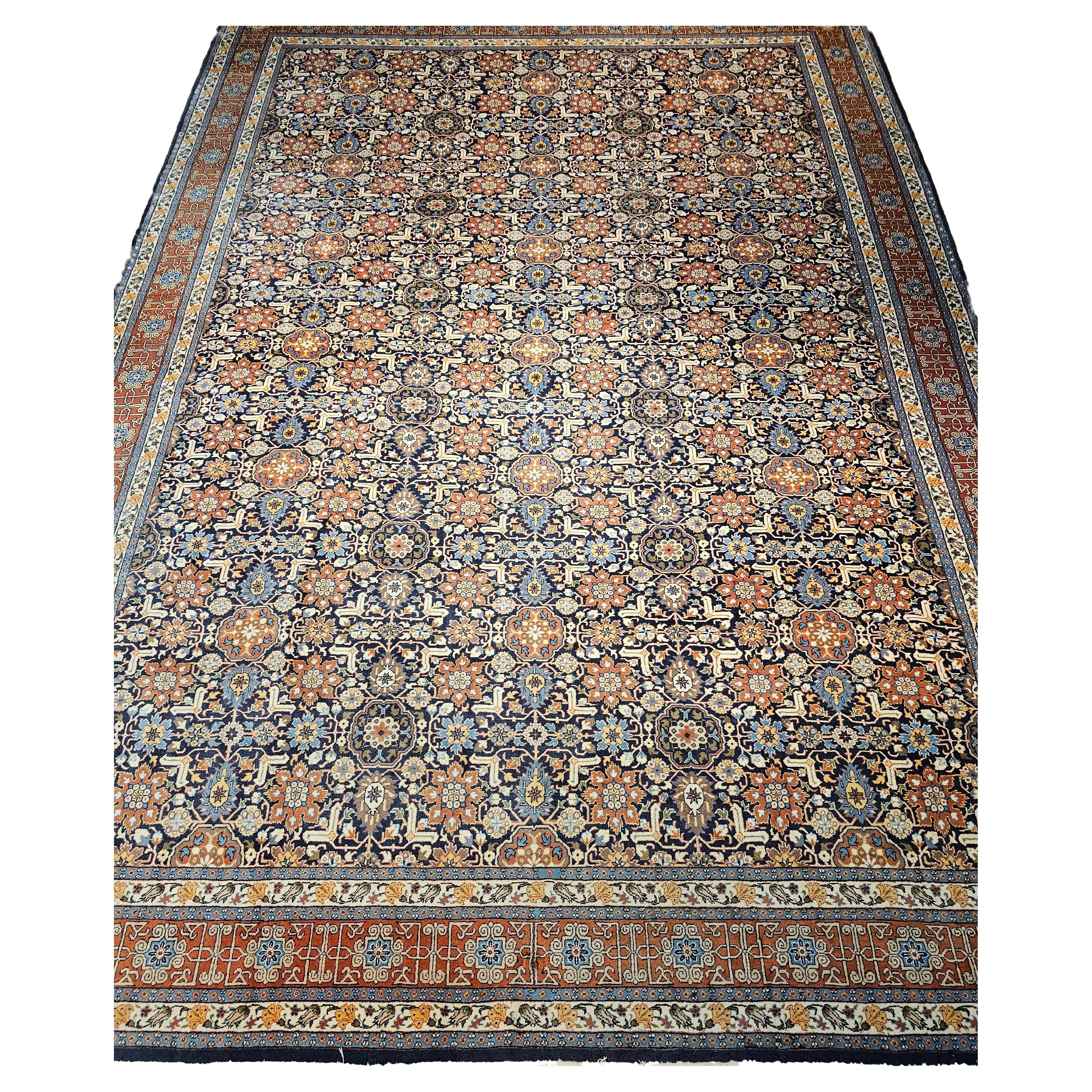 Hand-Woven Vintage Persian Tabriz in Allover Afshan Geometric Pattern in Navy Blue, Red For Sale