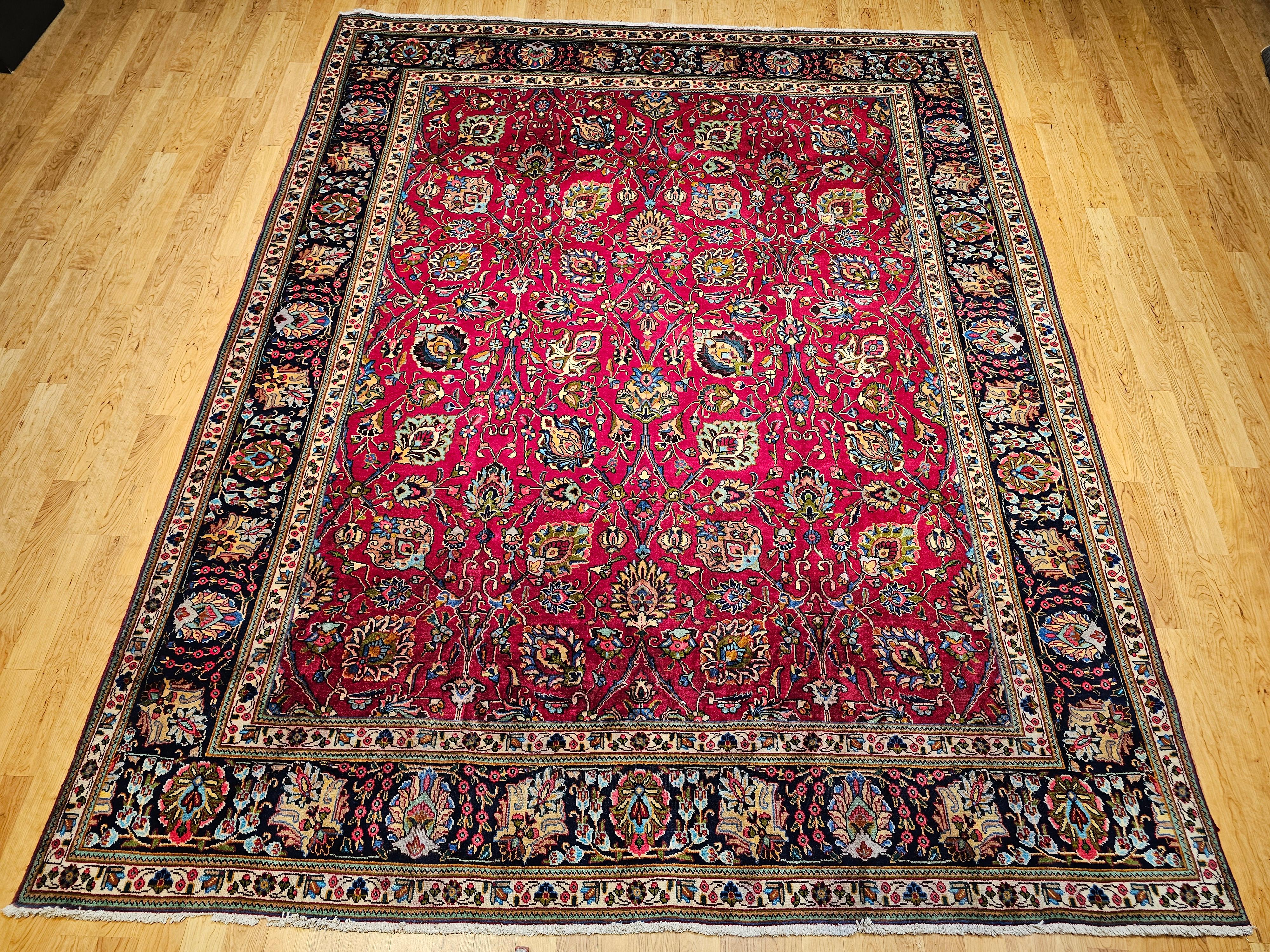 Tappeto persiano d'epoca Tabriz con motivo floreale in rosso, blu e blu scuro in vendita 13
