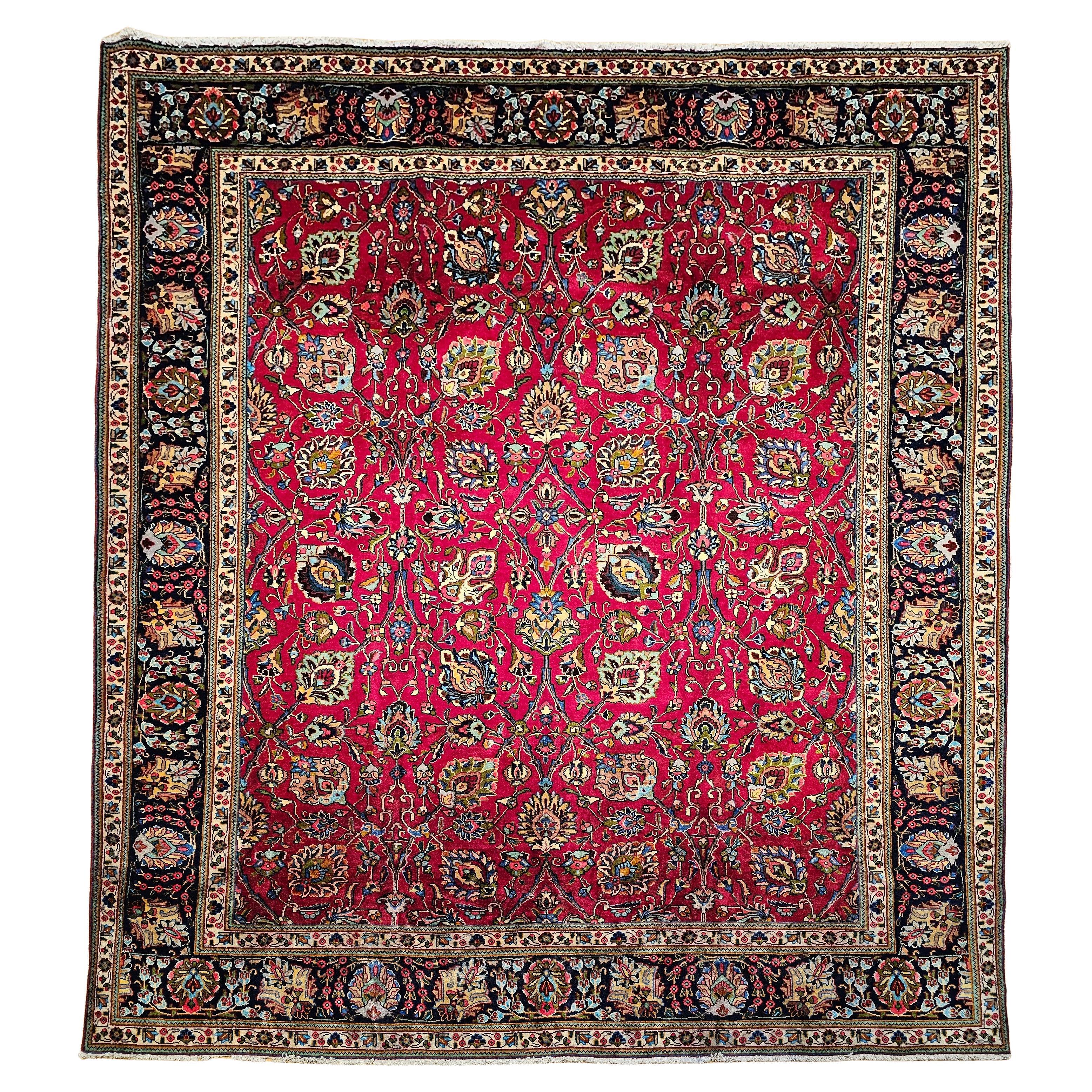 Vintage Persian Tabriz Room Size Rug in Allover Floral Pattern in Red, Navy