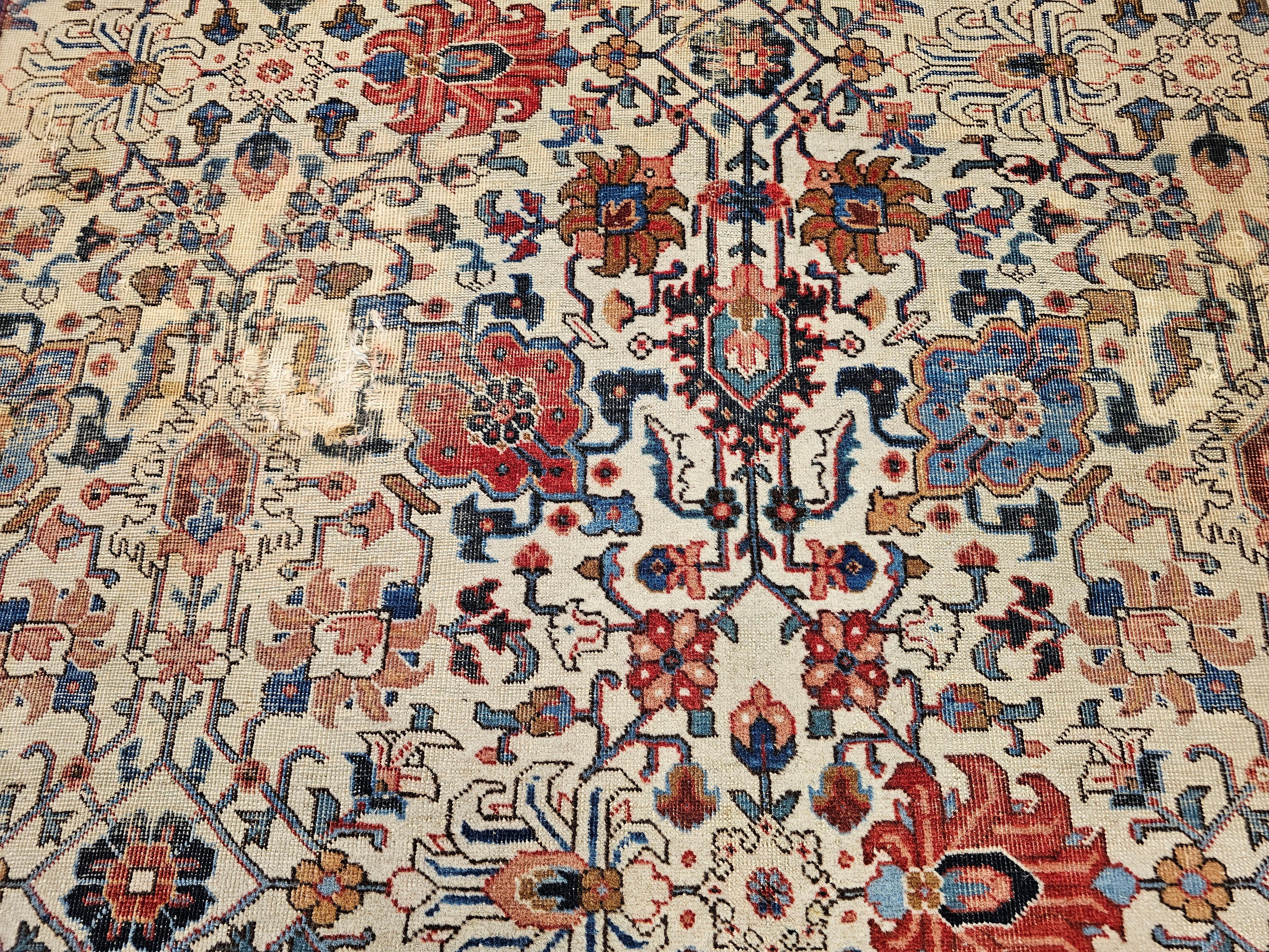 Vintage Persisch Tabriz Zimmer Größe Teppich in Allover Geometrische Muster in Elfenbein, Blau im Angebot 4