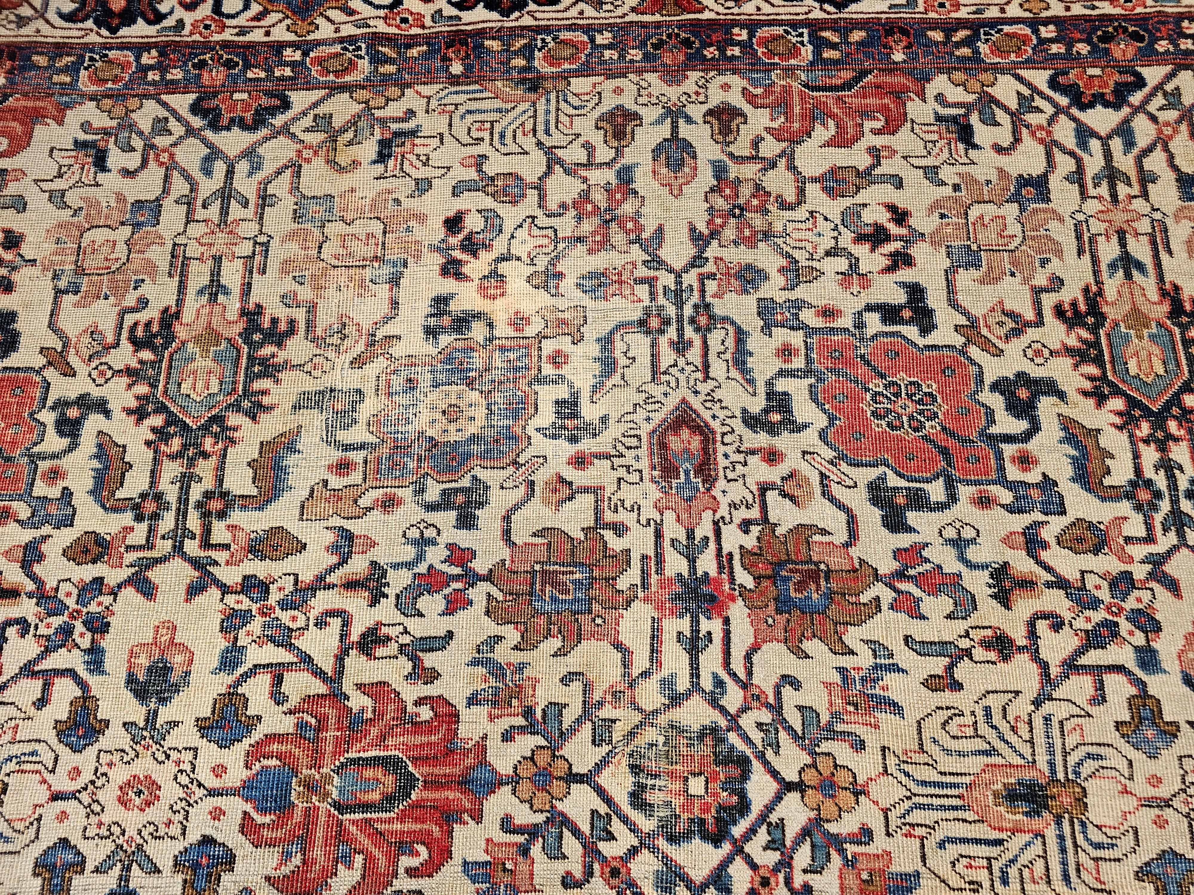 Vintage Persisch Tabriz Zimmer Größe Teppich in Allover Geometrische Muster in Elfenbein, Blau im Angebot 5