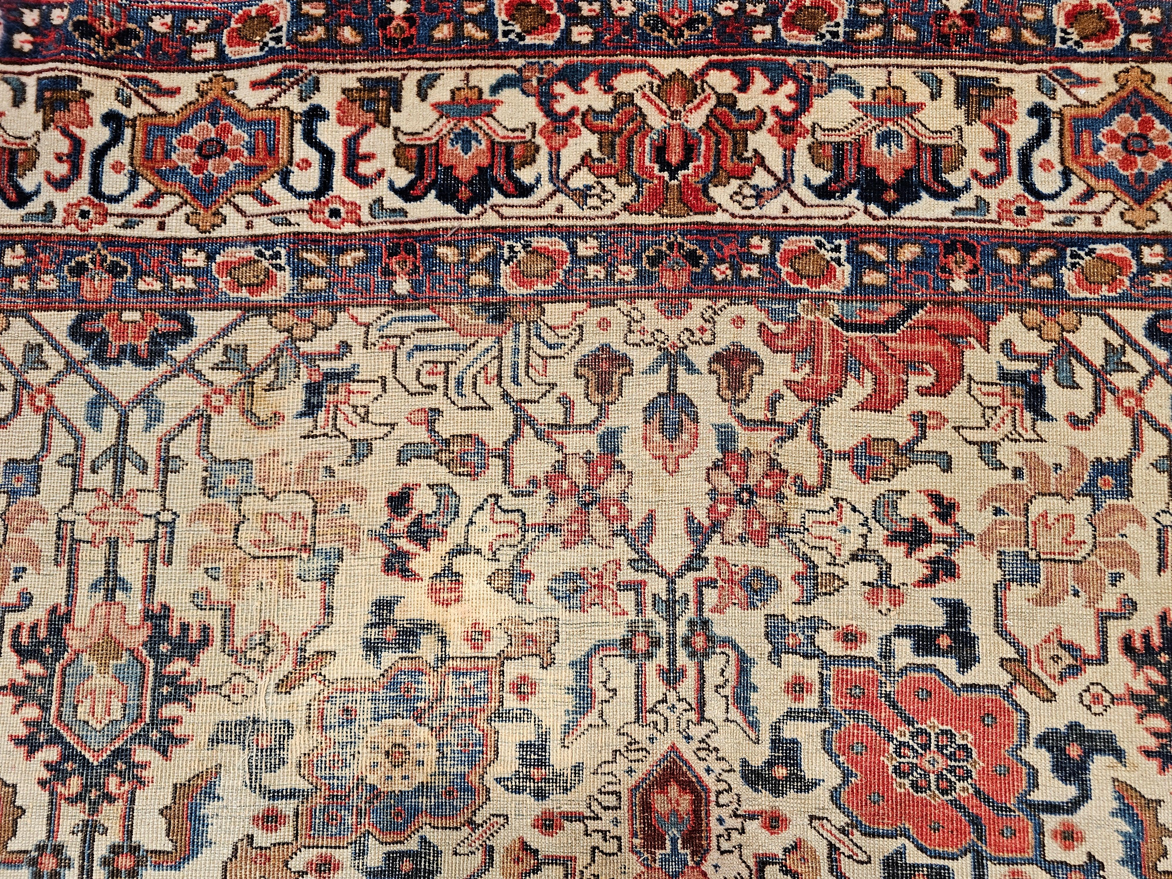 Vintage Persisch Tabriz Zimmer Größe Teppich in Allover Geometrische Muster in Elfenbein, Blau im Angebot 6