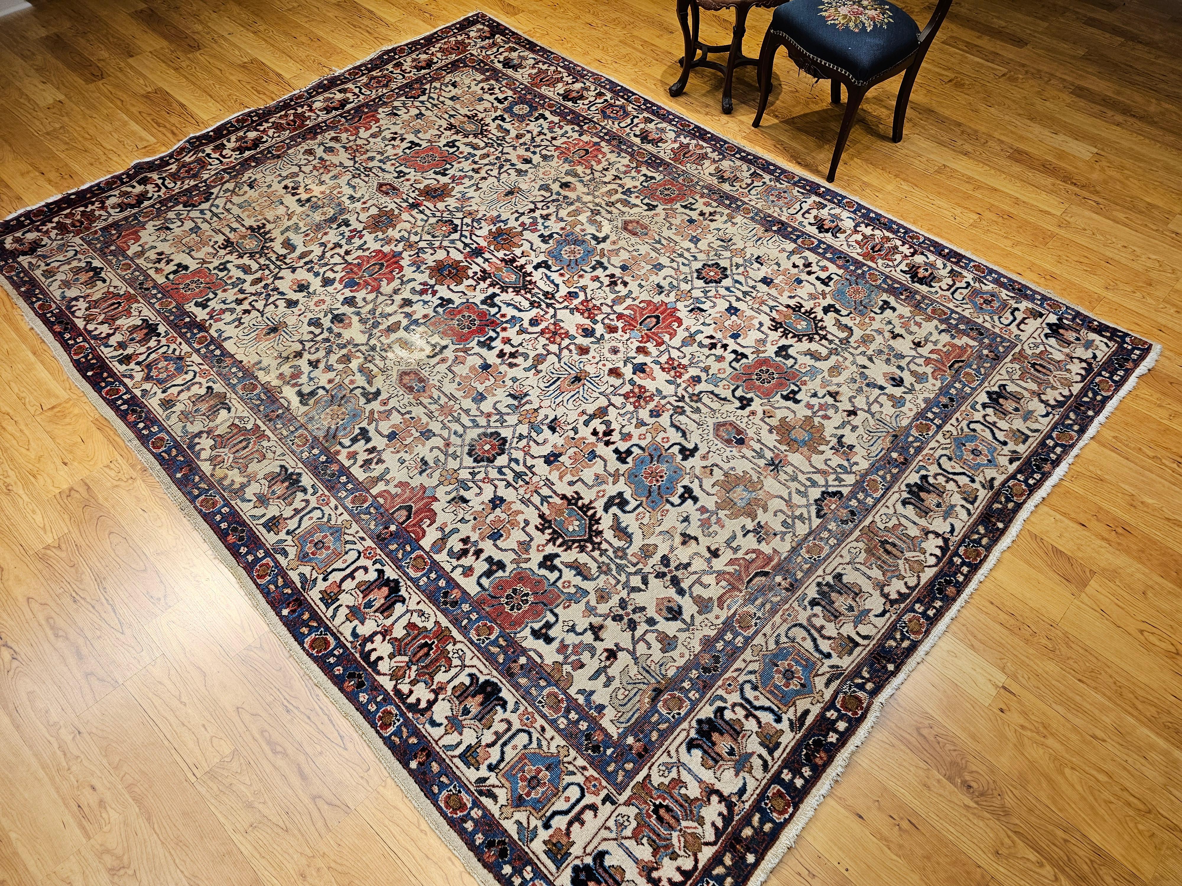 Vintage Persisch Tabriz Zimmer Größe Teppich in Allover Geometrische Muster in Elfenbein, Blau im Angebot 7