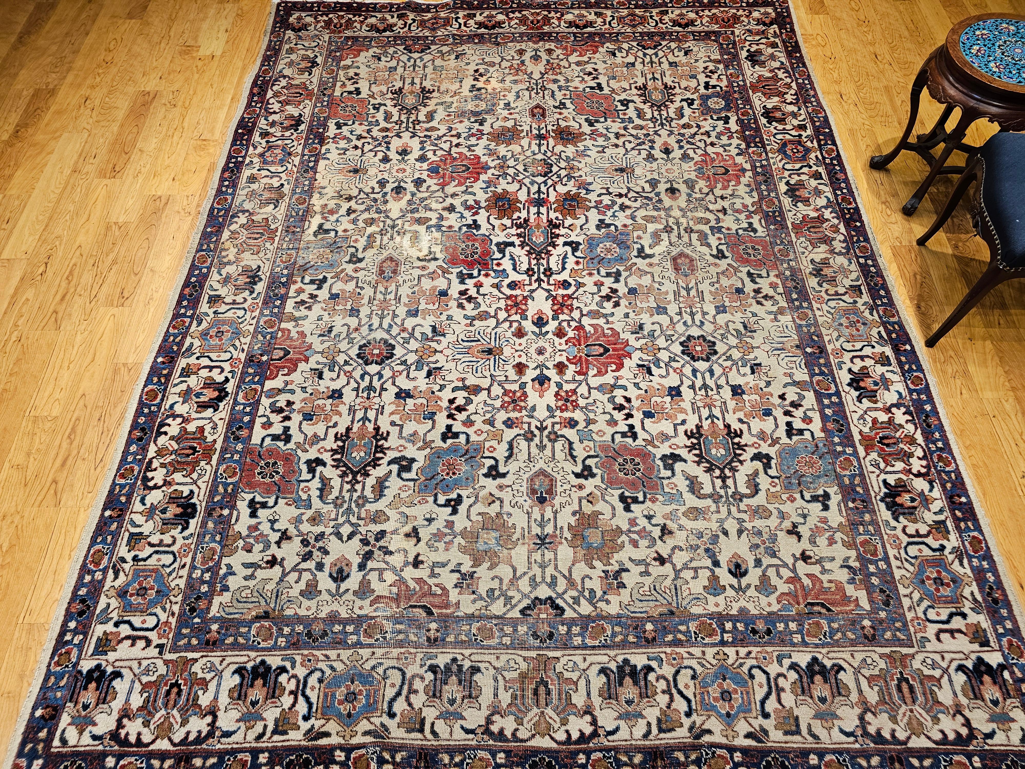 Vintage Persisch Tabriz Zimmer Größe Teppich in Allover Geometrische Muster in Elfenbein, Blau im Angebot 8