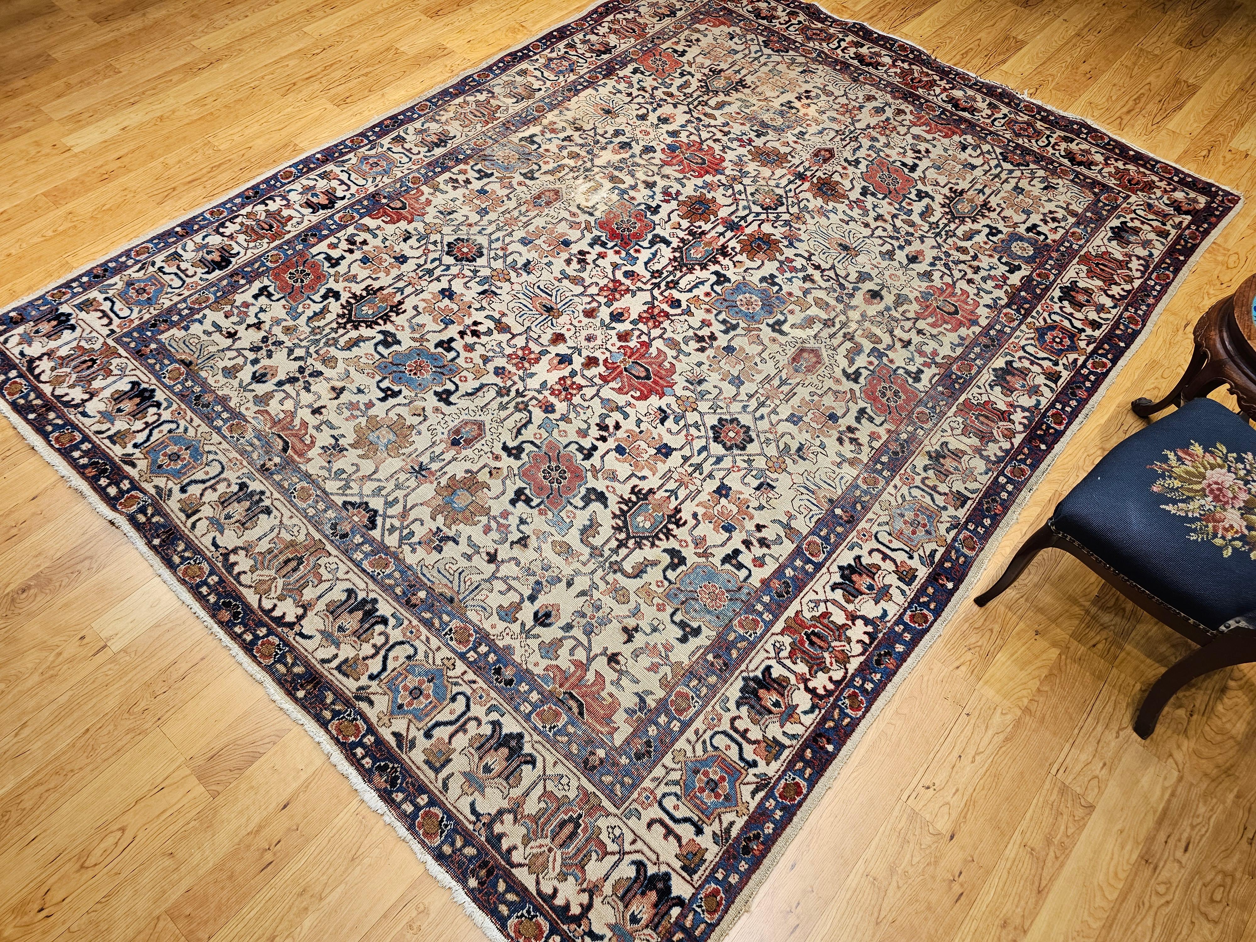 Vintage Persisch Tabriz Zimmer Größe Teppich in Allover Geometrische Muster in Elfenbein, Blau im Angebot 9
