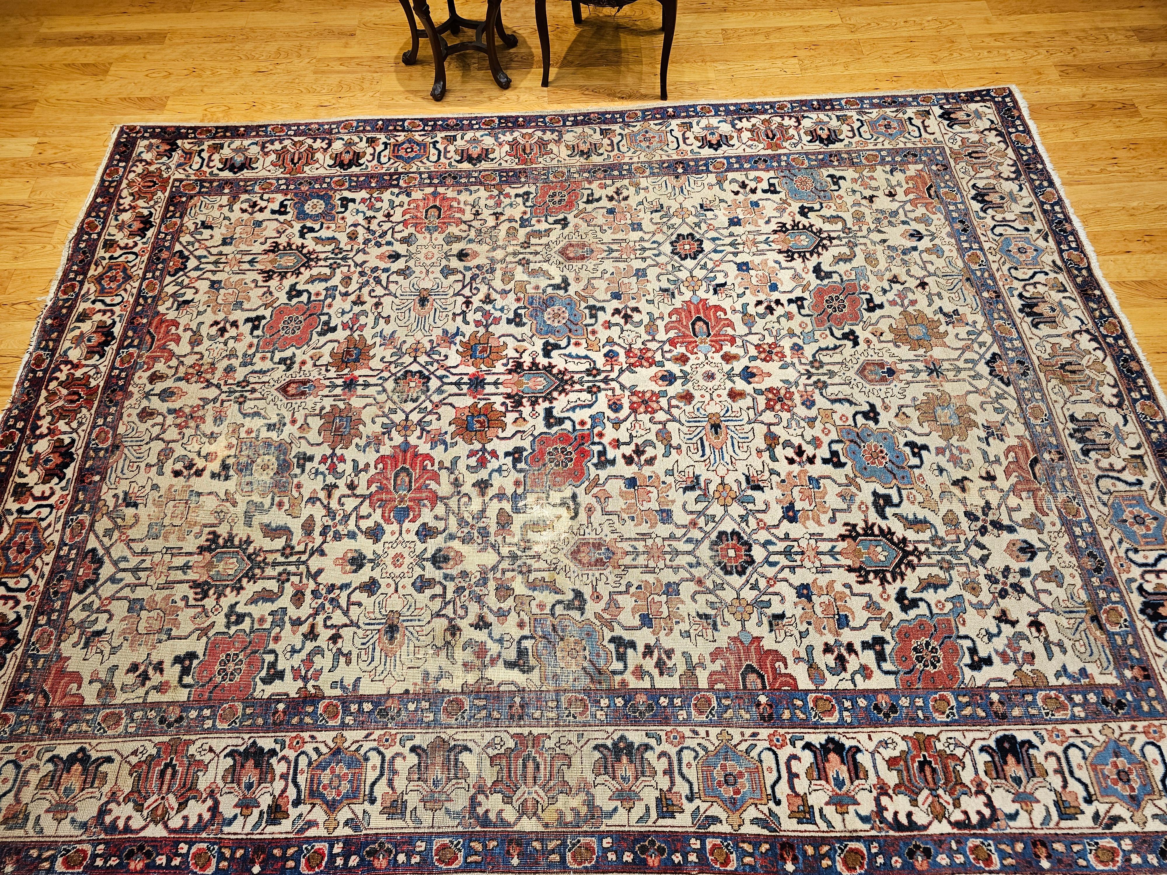 Vintage Persisch Tabriz Zimmer Größe Teppich in Allover Geometrische Muster in Elfenbein, Blau im Angebot 10