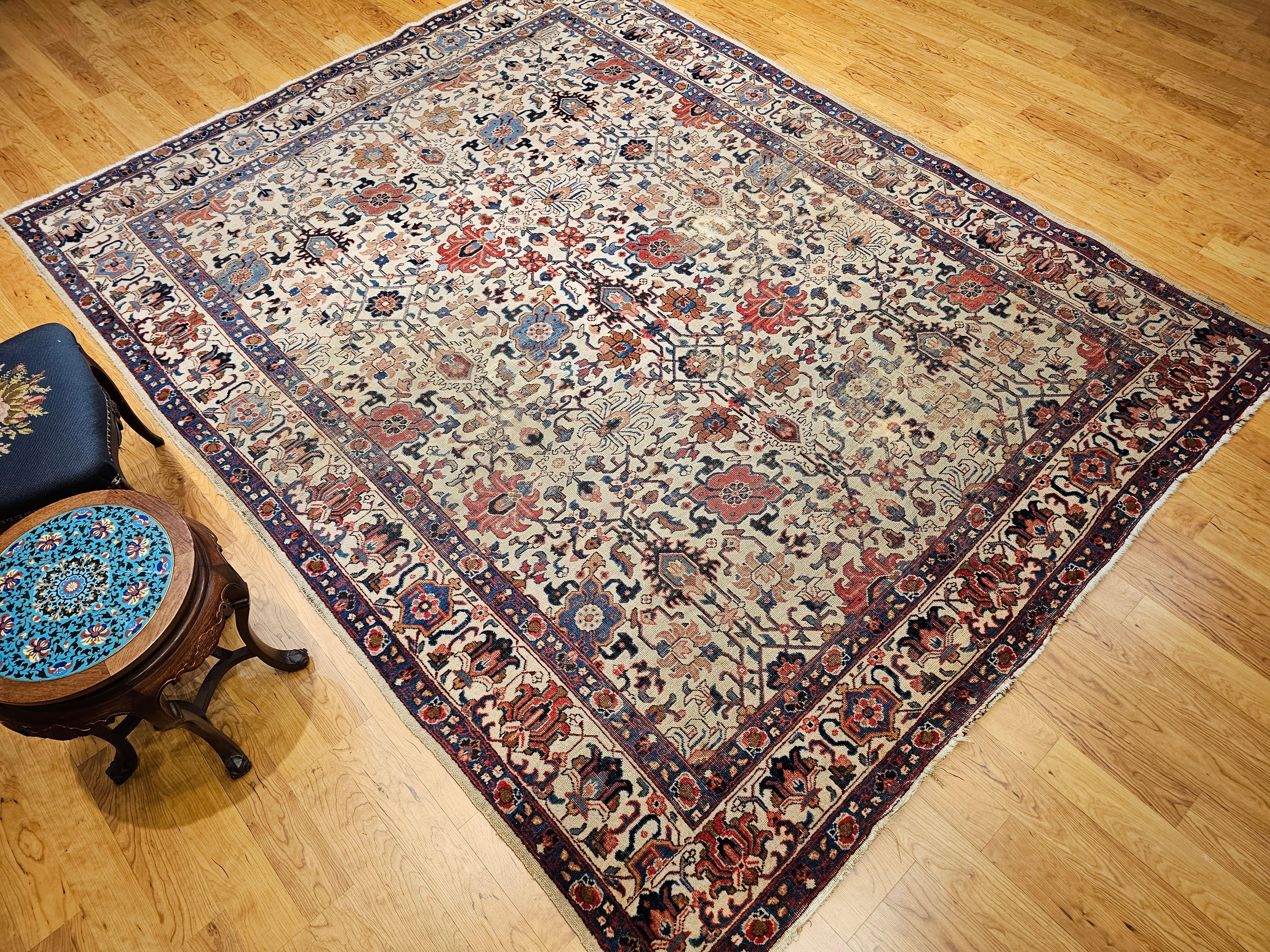 Vintage Persisch Tabriz Zimmer Größe Teppich in Allover Geometrische Muster in Elfenbein, Blau im Angebot 11