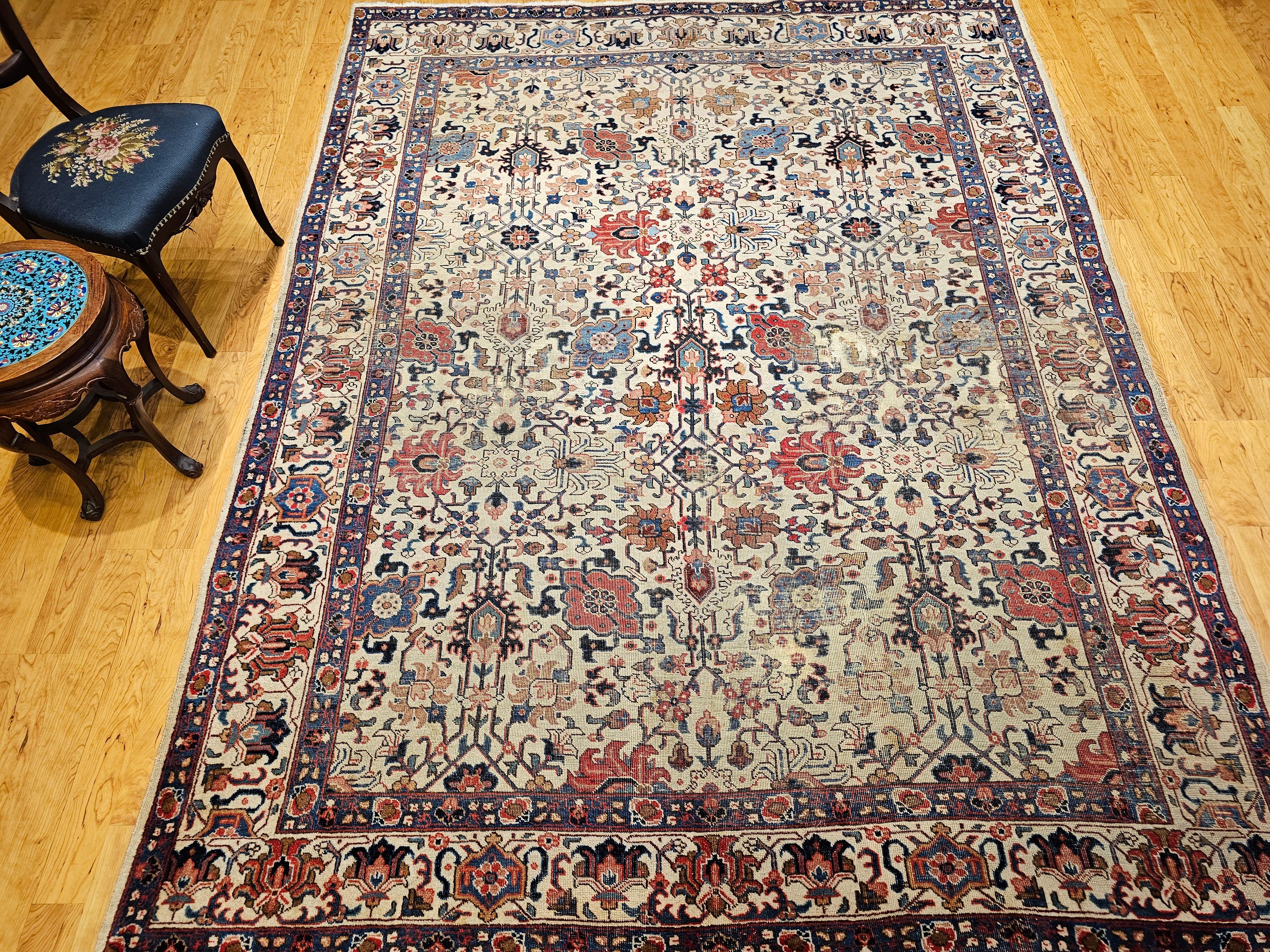 Vintage Persisch Tabriz Zimmer Größe Teppich in Allover Geometrische Muster in Elfenbein, Blau im Angebot 12
