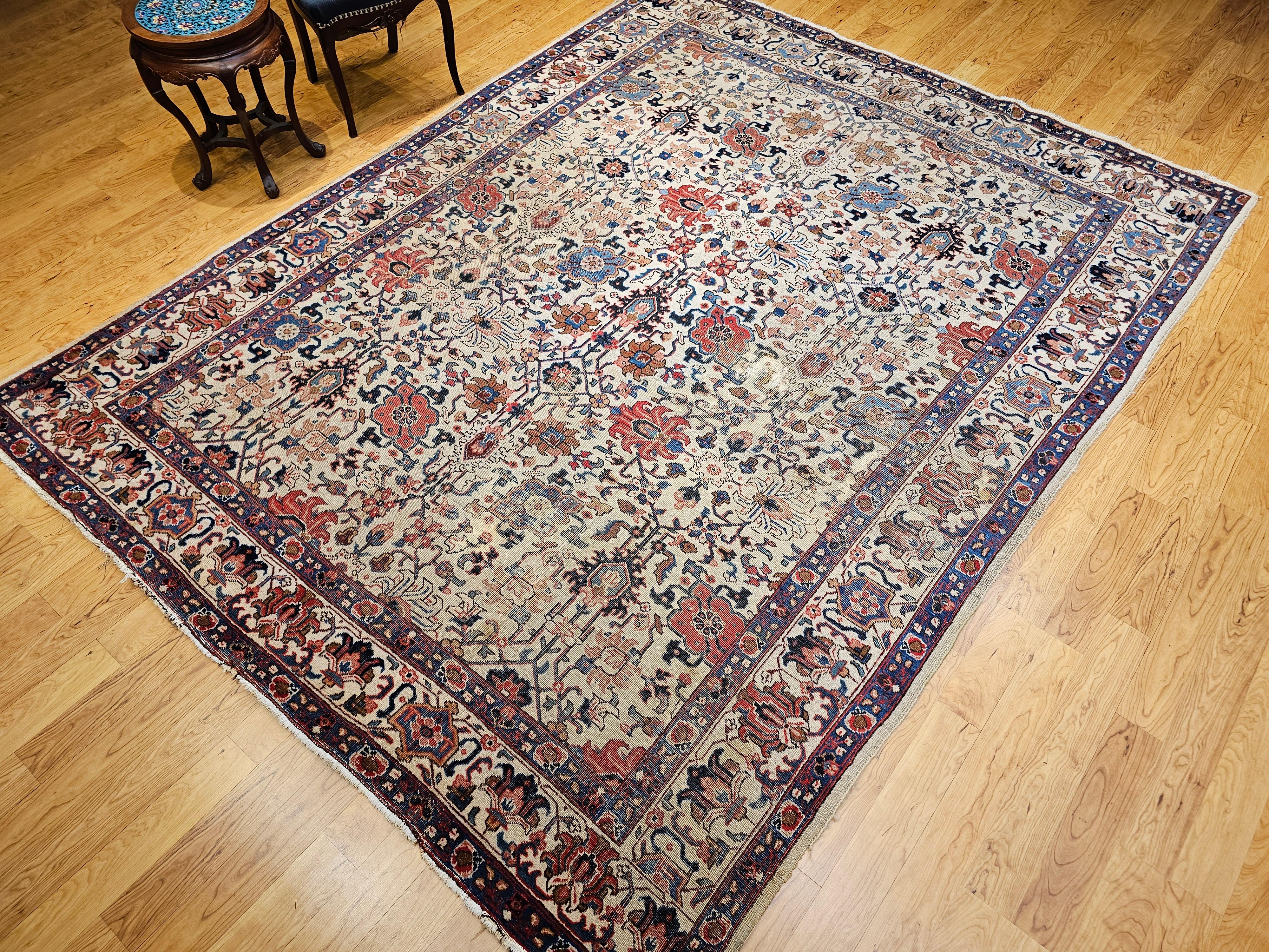 Vintage Persisch Tabriz Zimmer Größe Teppich in Allover Geometrische Muster in Elfenbein, Blau im Angebot 13