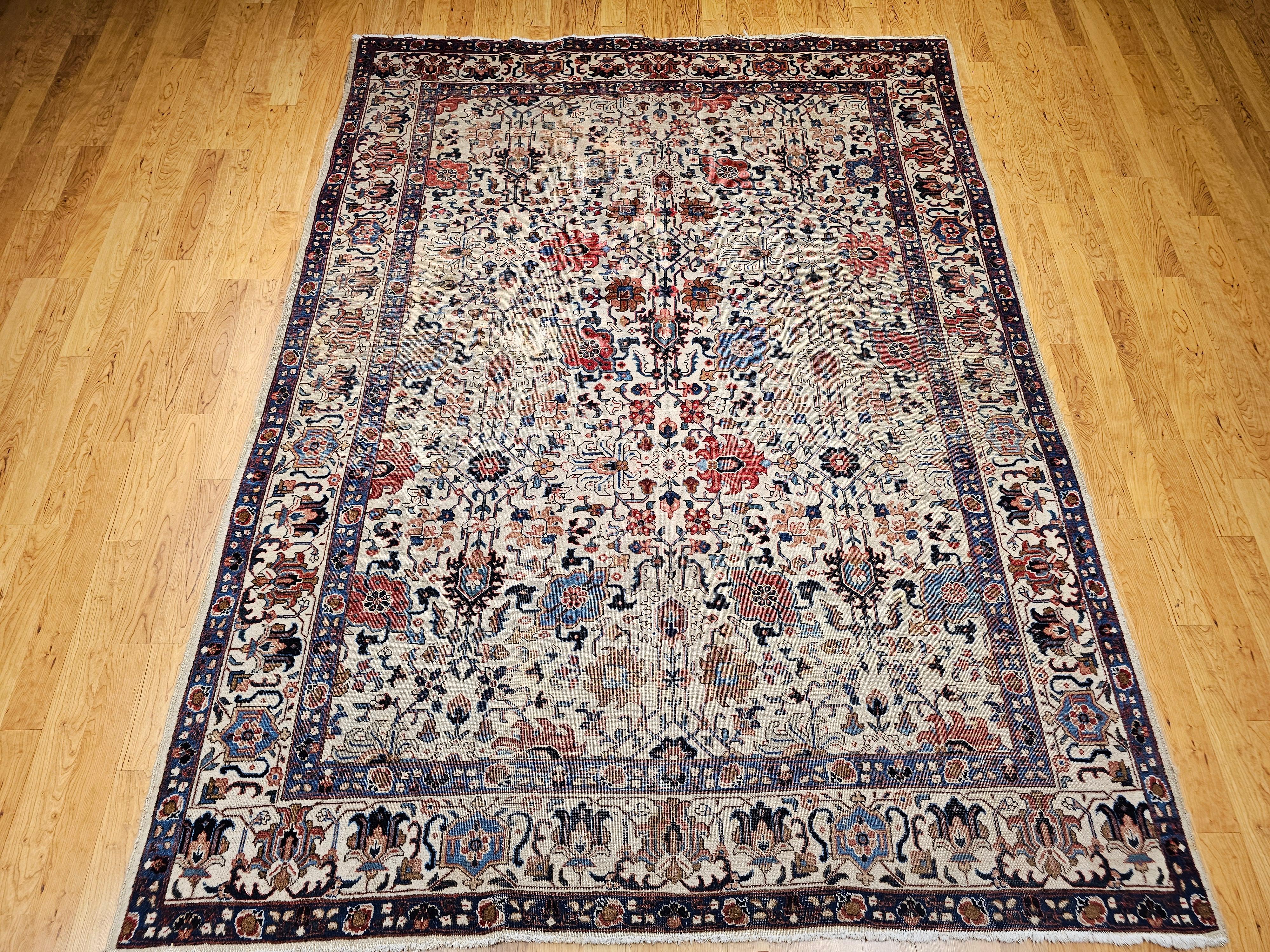 Vintage Persisch Tabriz Zimmer Größe Teppich in Allover Geometrische Muster in Elfenbein, Blau im Angebot 14