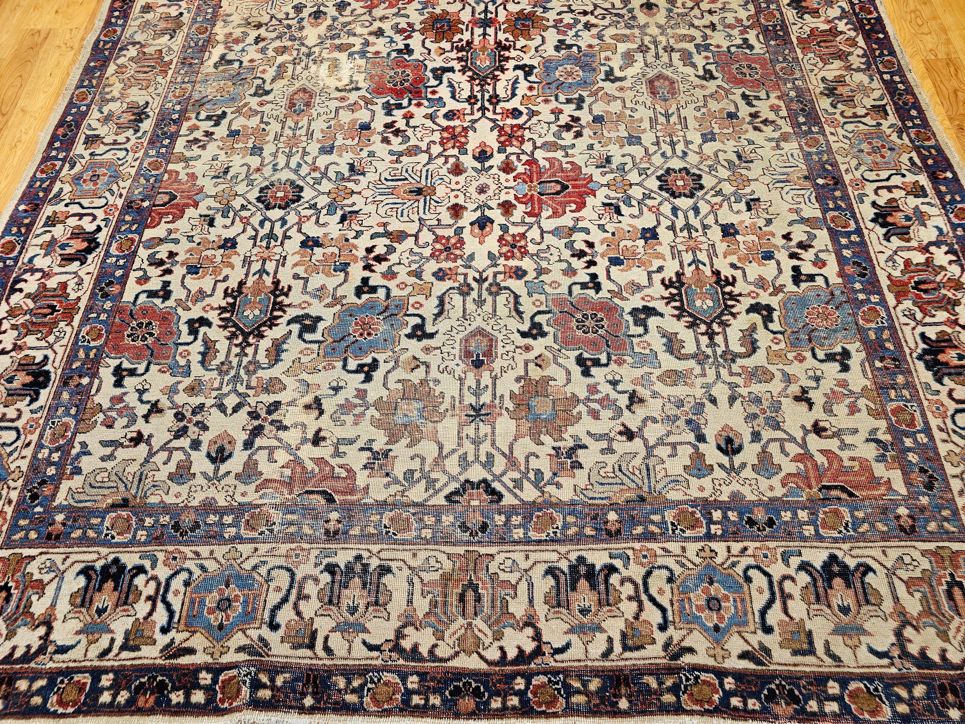 Vintage Persisch Tabriz Zimmer Größe Teppich in Allover Geometrische Muster in Elfenbein, Blau (Handgewebt) im Angebot