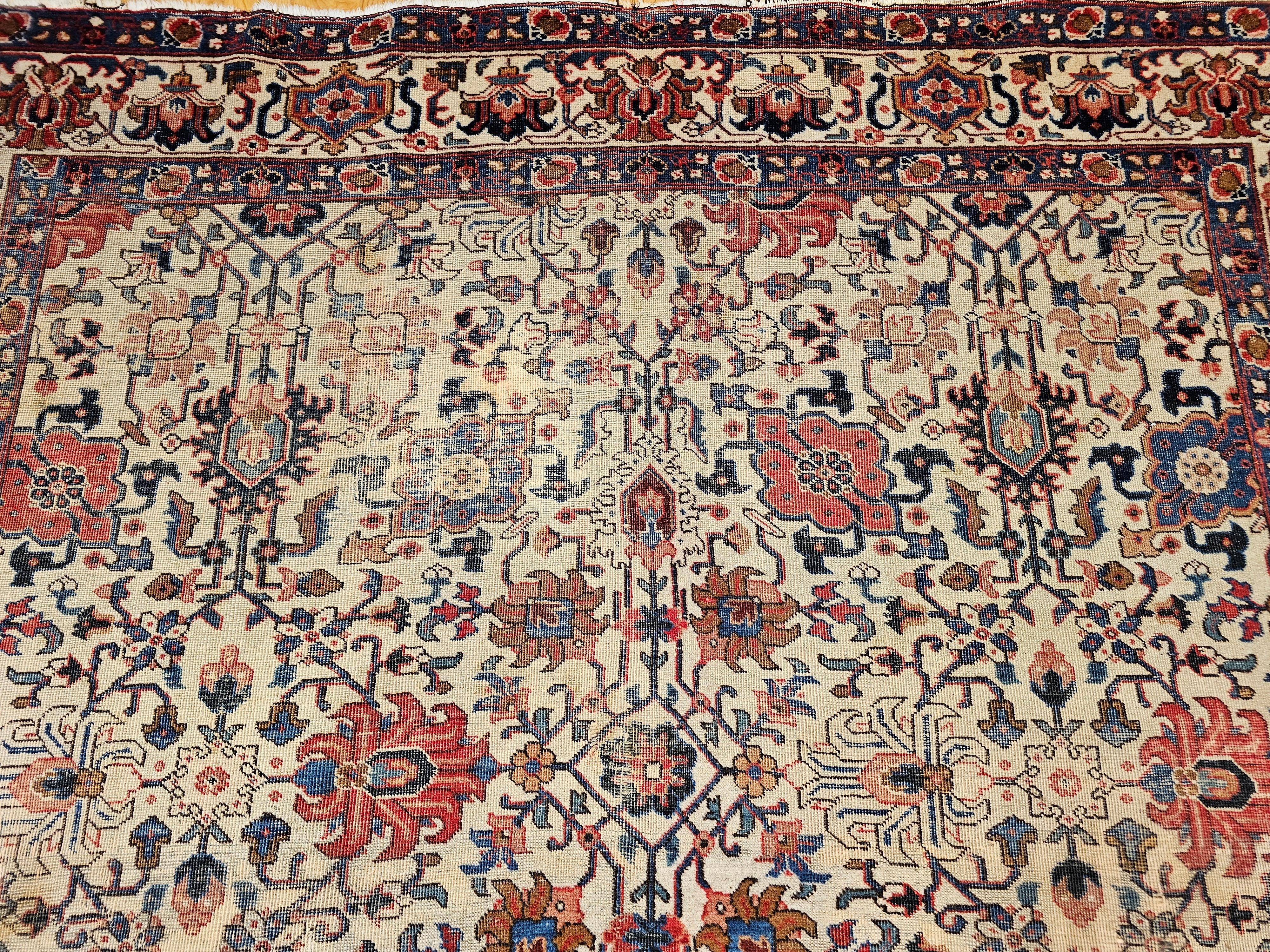 Vintage Persisch Tabriz Zimmer Größe Teppich in Allover Geometrische Muster in Elfenbein, Blau (20. Jahrhundert) im Angebot