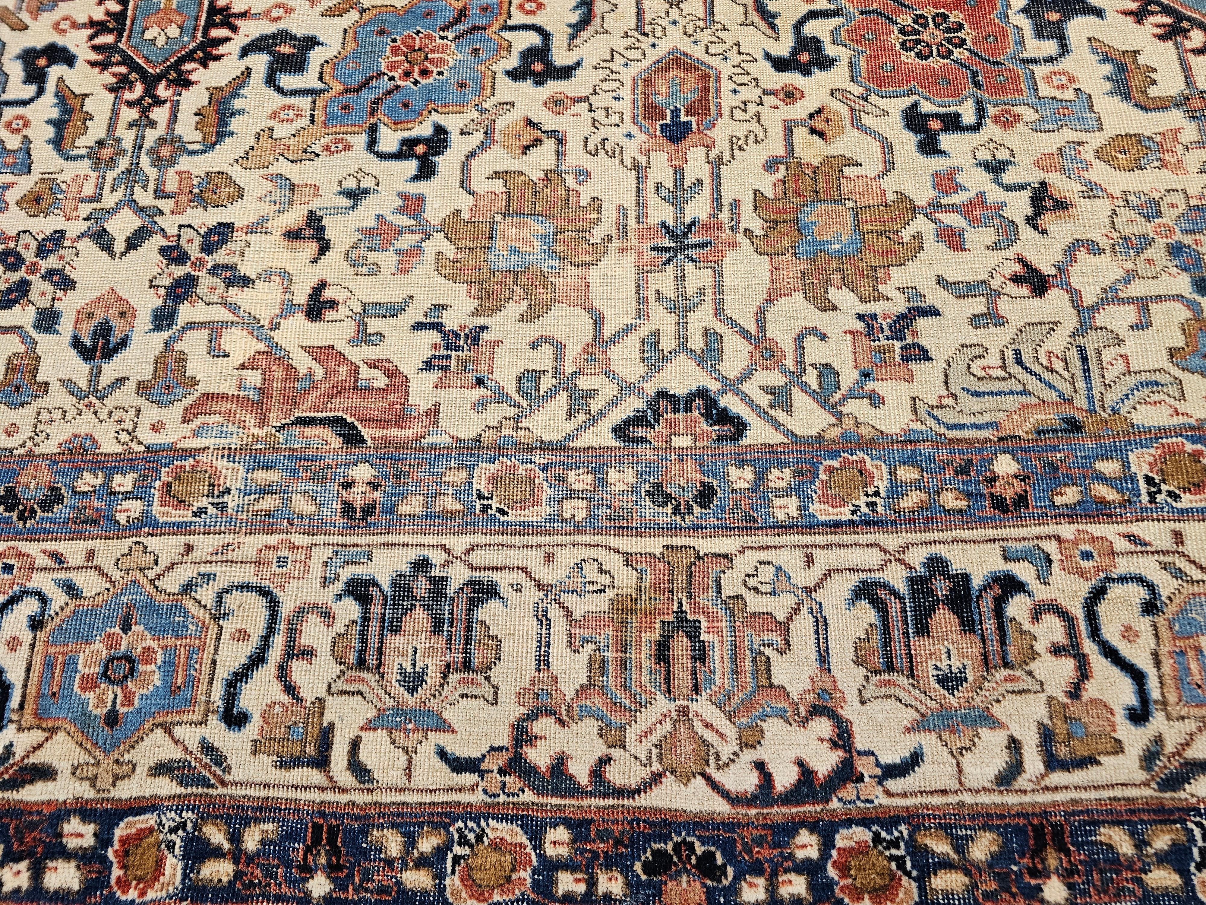 Vintage Persisch Tabriz Zimmer Größe Teppich in Allover Geometrische Muster in Elfenbein, Blau im Angebot 1