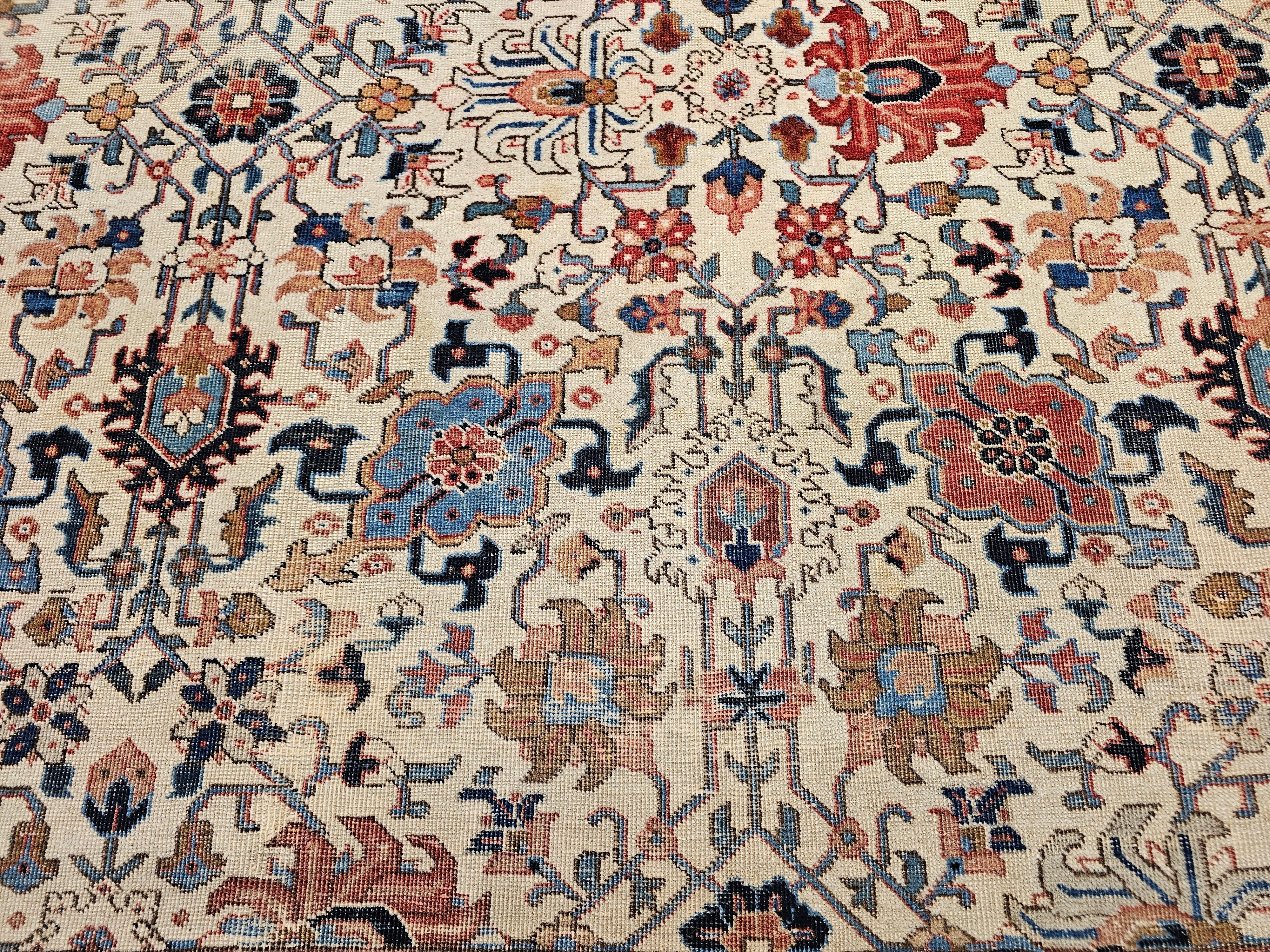 Vintage Persisch Tabriz Zimmer Größe Teppich in Allover Geometrische Muster in Elfenbein, Blau im Angebot 3