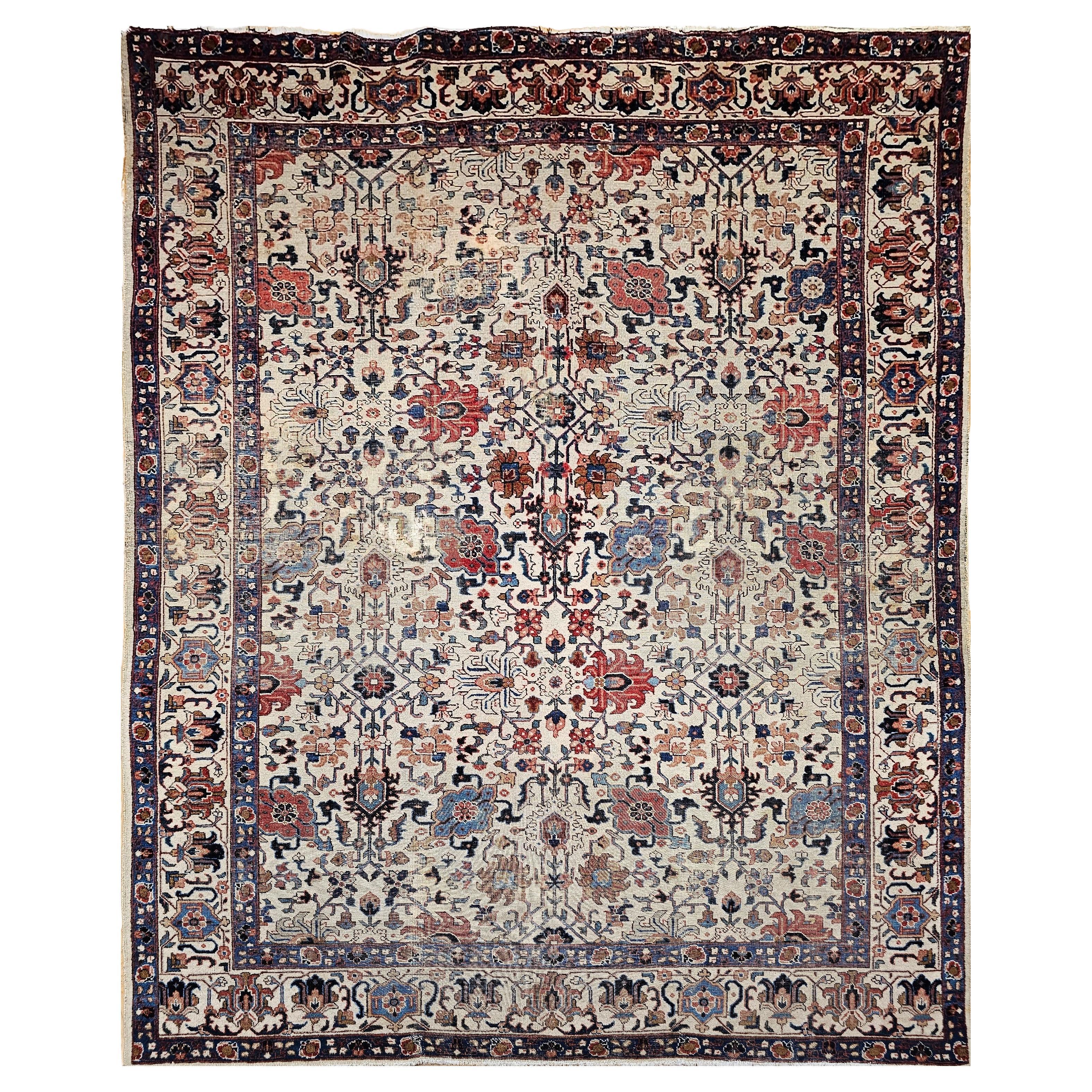 Vintage Persisch Tabriz Zimmer Größe Teppich in Allover Geometrische Muster in Elfenbein, Blau