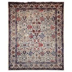 Vintage Persisch Tabriz Zimmer Größe Teppich in Allover Geometrische Muster in Elfenbein, Blau