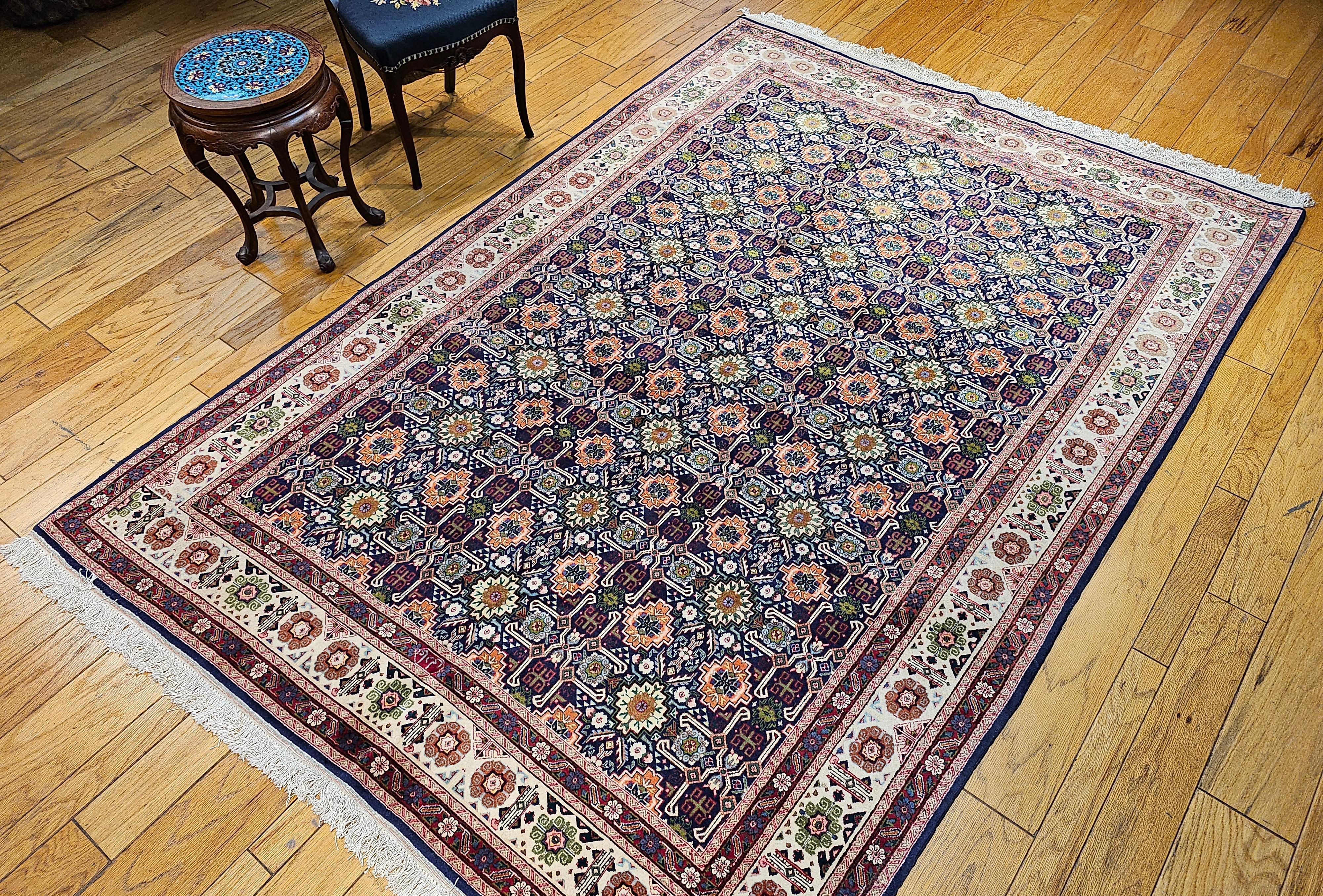 Tappeto persiano d'epoca Tabriz con motivo geometrico a tutto campo in blu e avorio in vendita 7
