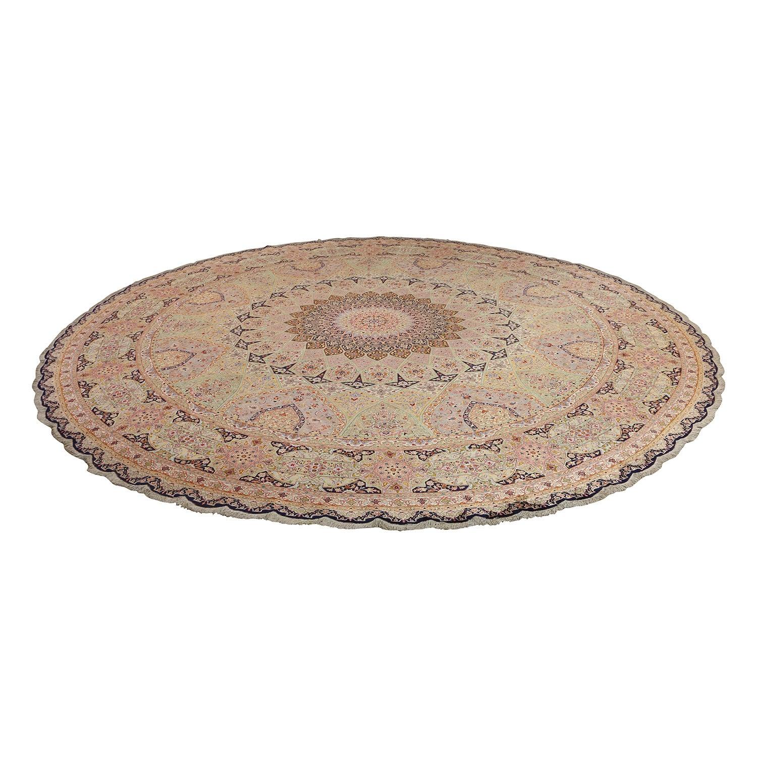 Persischer runder Faraji-Teppich aus reiner Seide aus Täbris im Vintage-Stil aus Täbris - Größe: 16'2 X 16'2 (Tabriz) im Angebot