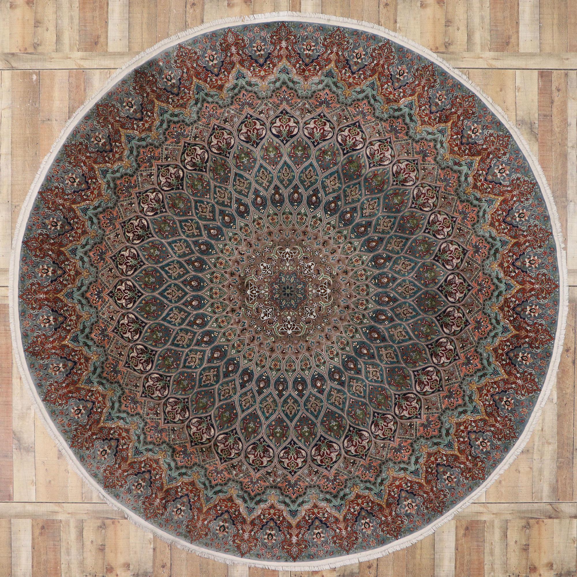 77558, vintage Persian Tabriz round Mandala rug with Art Nouveau Rococo style. With ornate details and well-balanced symmetry combined with a dreamy color palette, this hand knotted wool and silk vintage Persian Tabriz round rug beautifully embodies