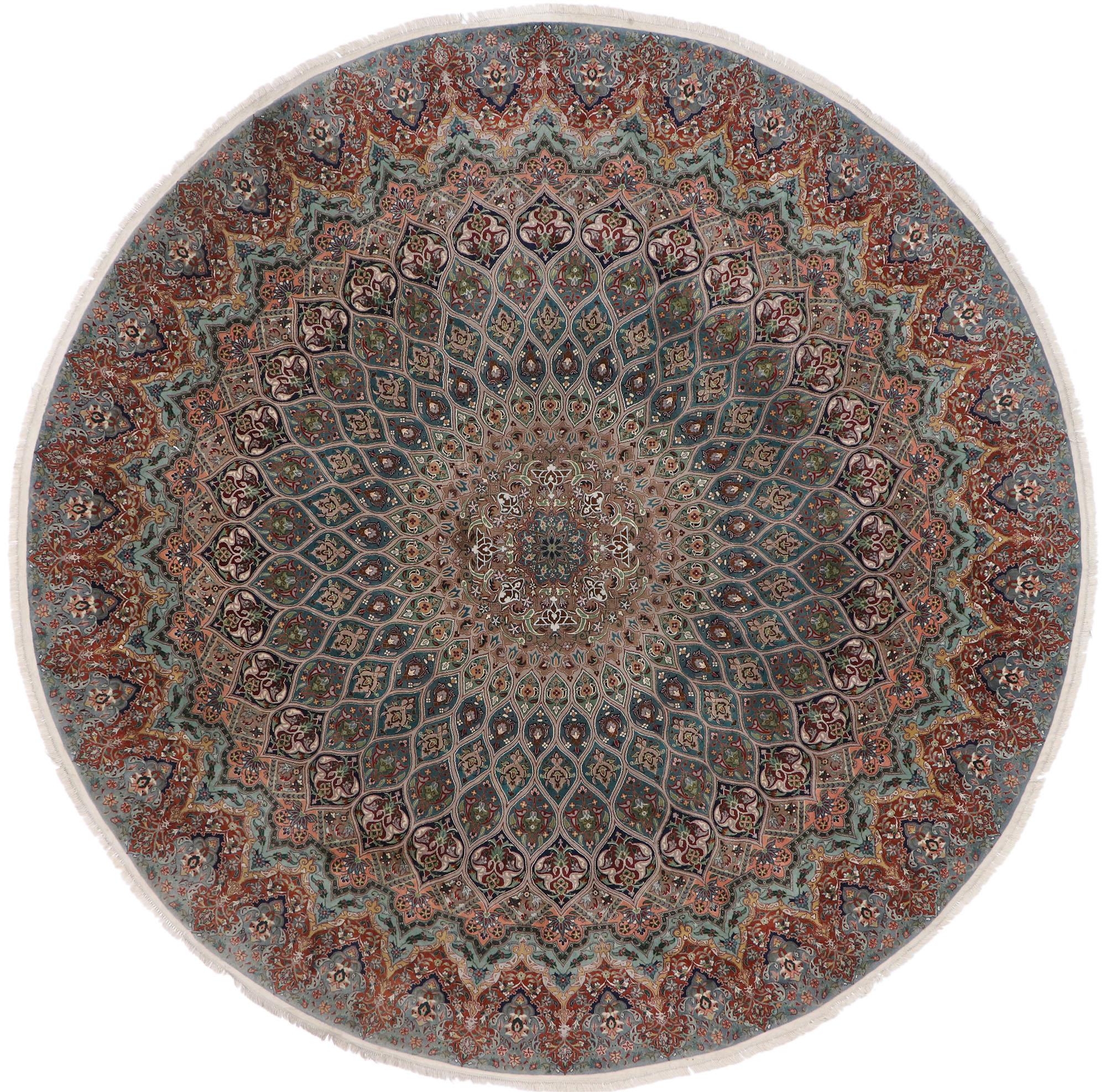 Wool Vintage Persian Tabriz Round Mandala Rug with Art Nouveau Rococo Style