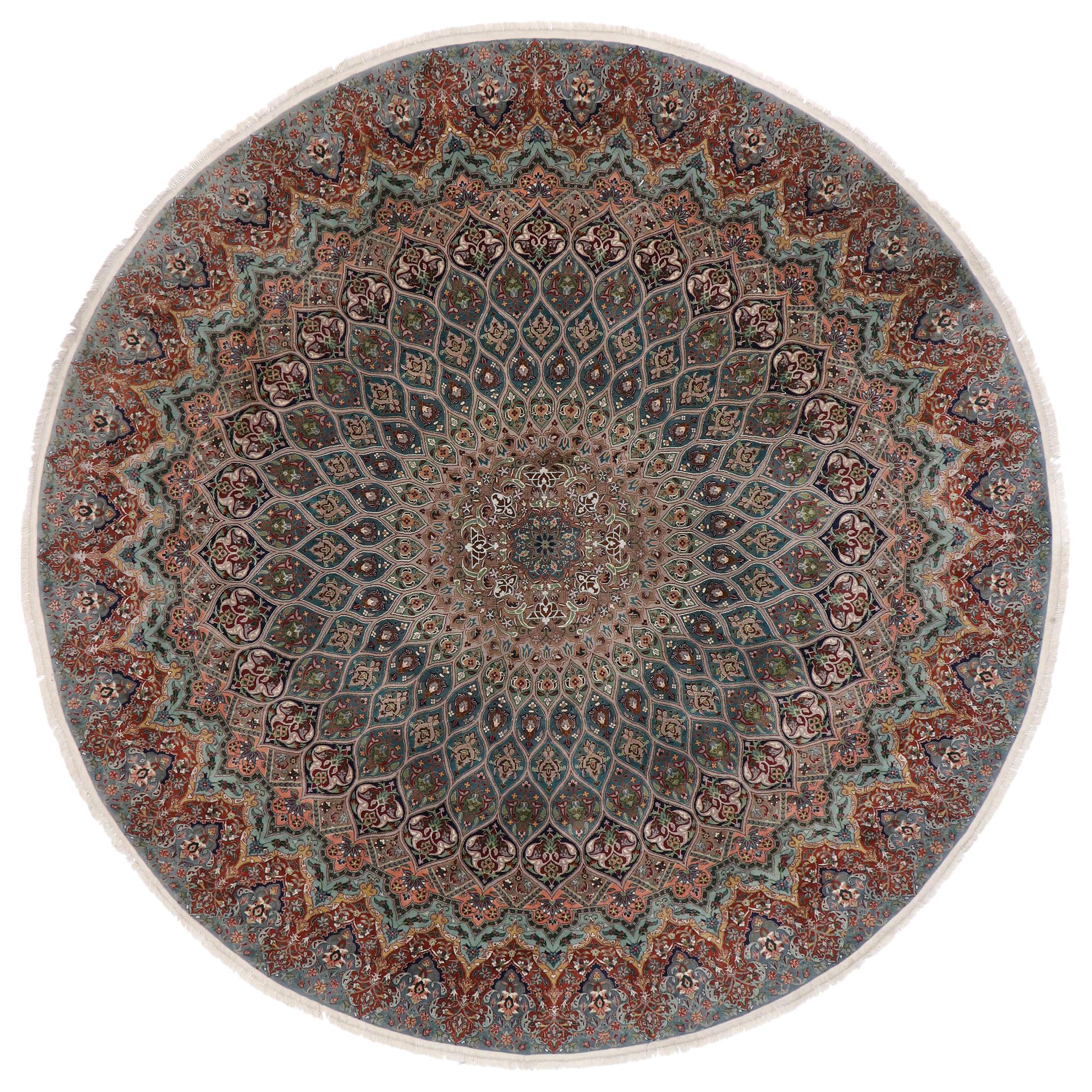 Vintage Persian Tabriz Round Mandala Rug with Art Nouveau Rococo Style