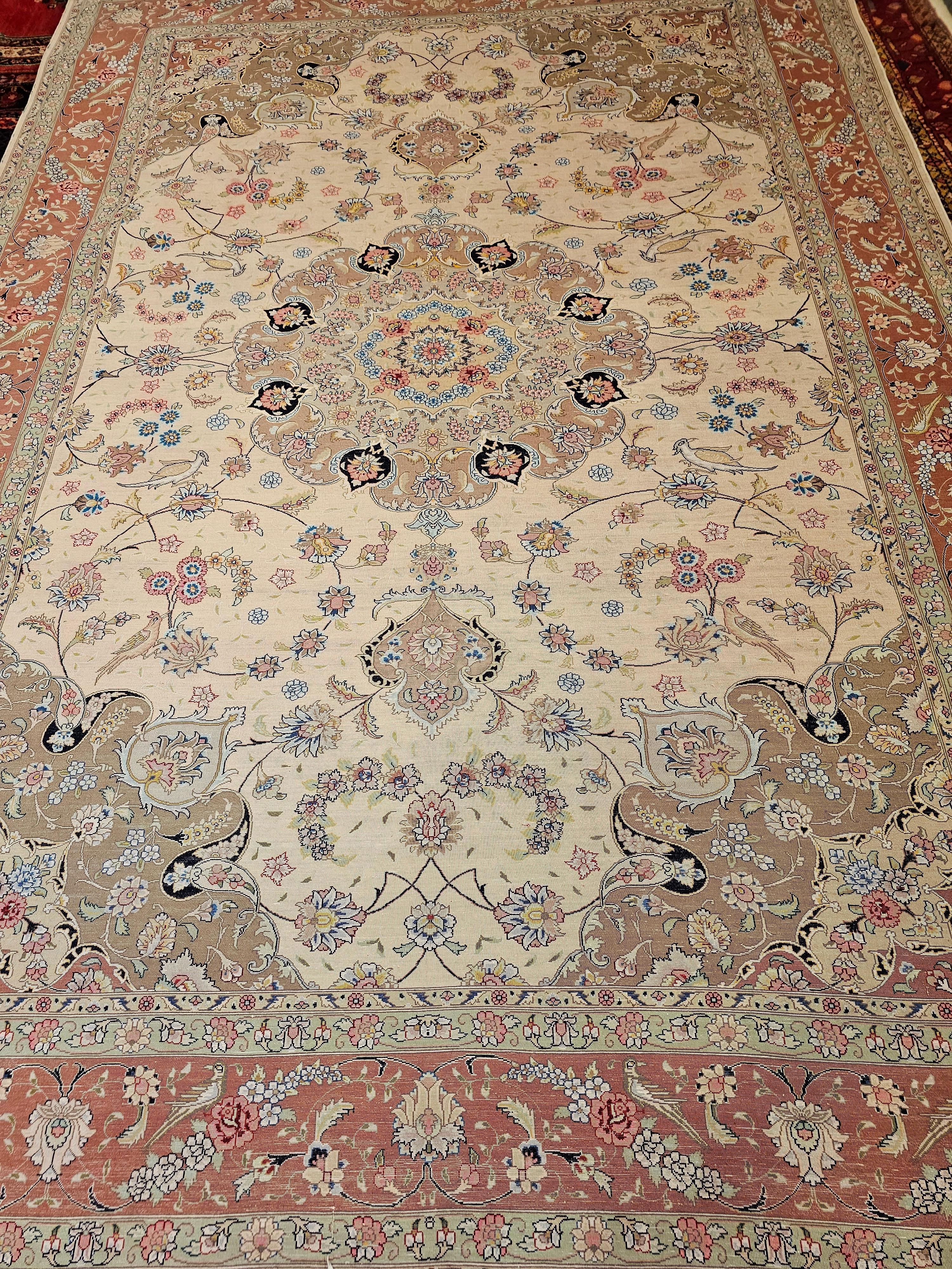 Vintage Persian Tabriz Room Size Rug in a Floral Pattern in Ivory, Taupe, Sage For Sale 12