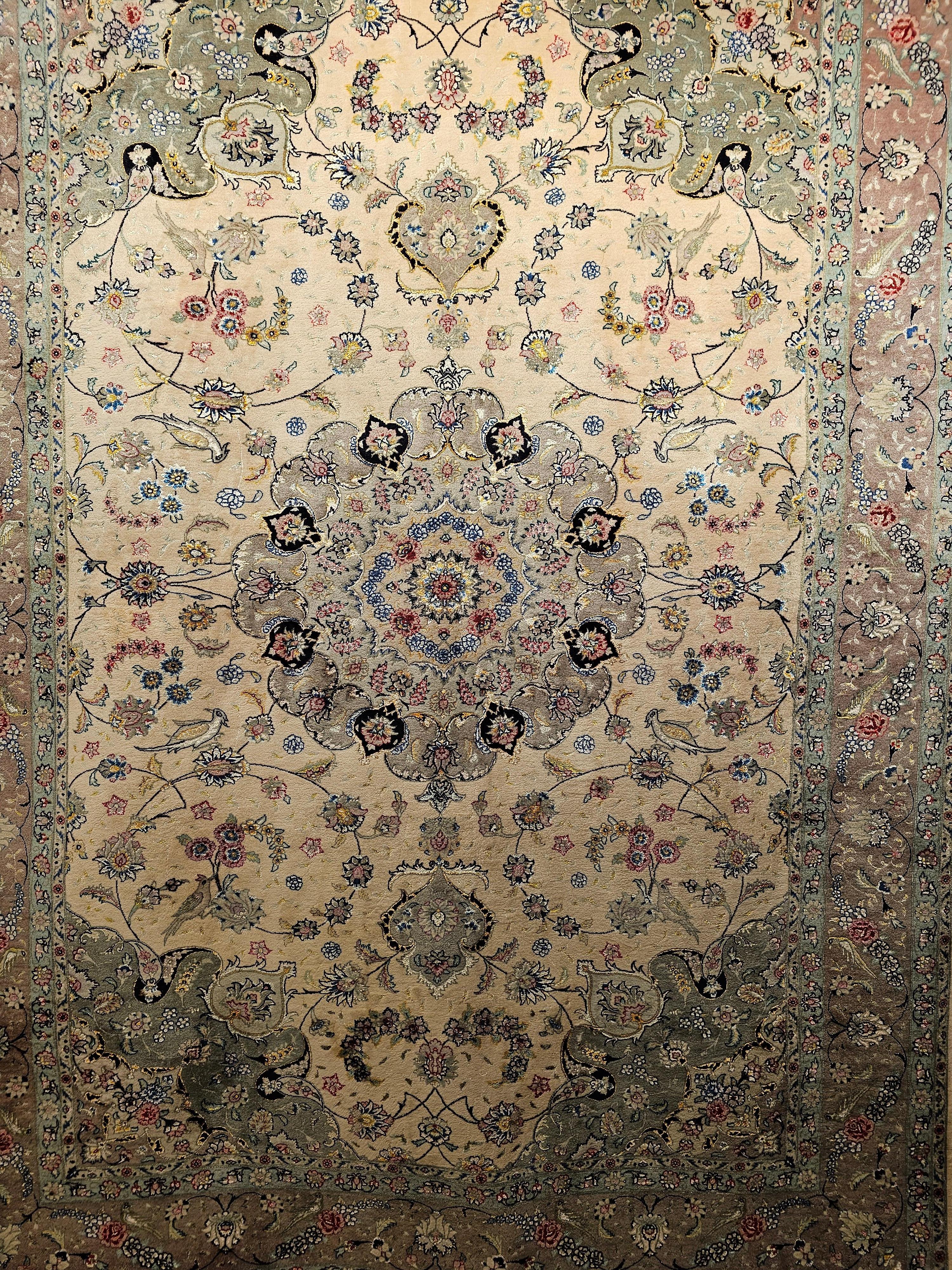 Hand-Woven Vintage Persian Tabriz Room Size Rug in a Floral Pattern in Ivory, Taupe, Sage For Sale