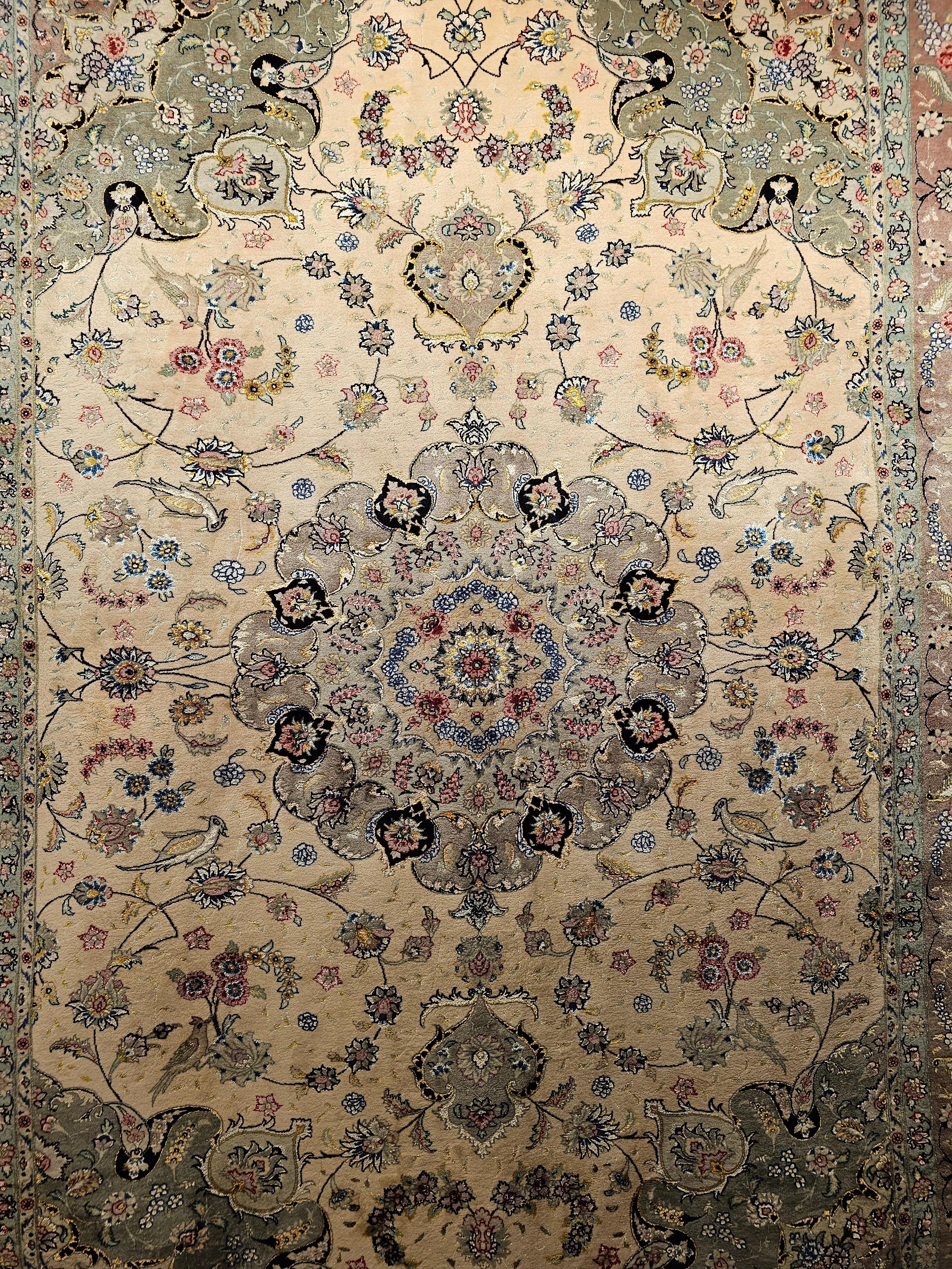 Vintage Persian Tabriz Room Size Rug in a Floral Pattern in Ivory, Taupe, Sage In Excellent Condition For Sale In Barrington, IL