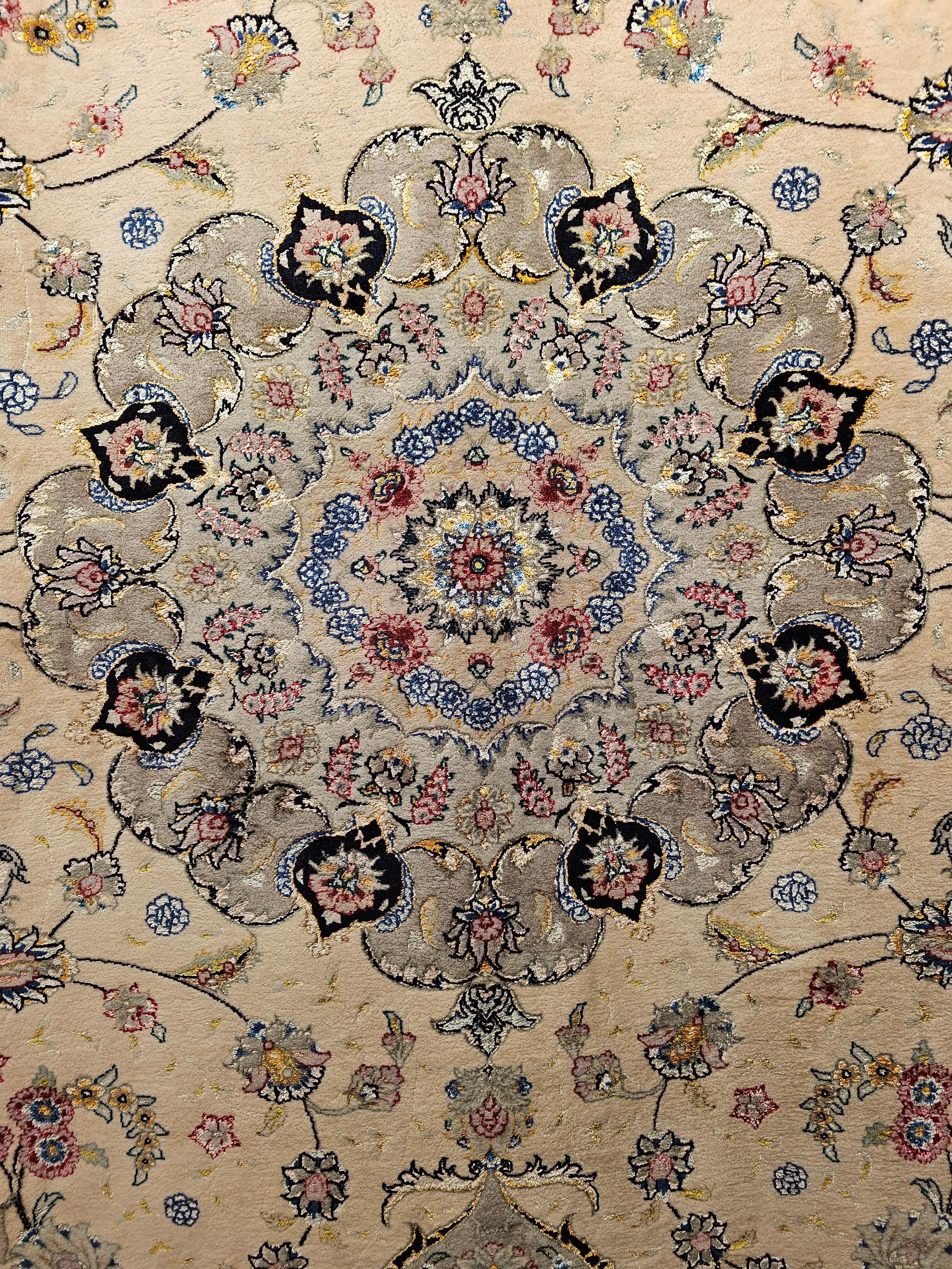 20th Century Vintage Persian Tabriz Room Size Rug in a Floral Pattern in Ivory, Taupe, Sage For Sale