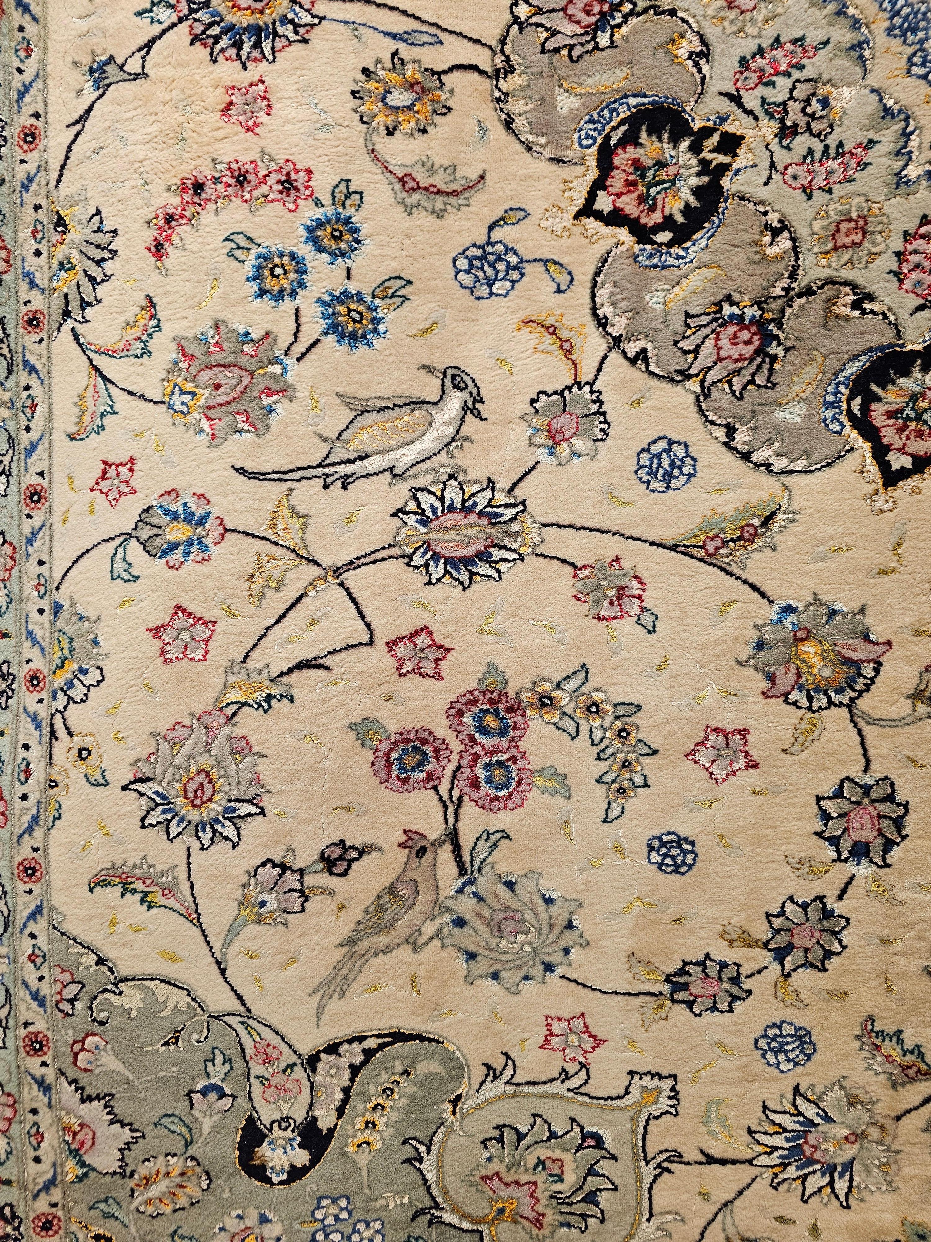 Wool Vintage Persian Tabriz Room Size Rug in a Floral Pattern in Ivory, Taupe, Sage For Sale