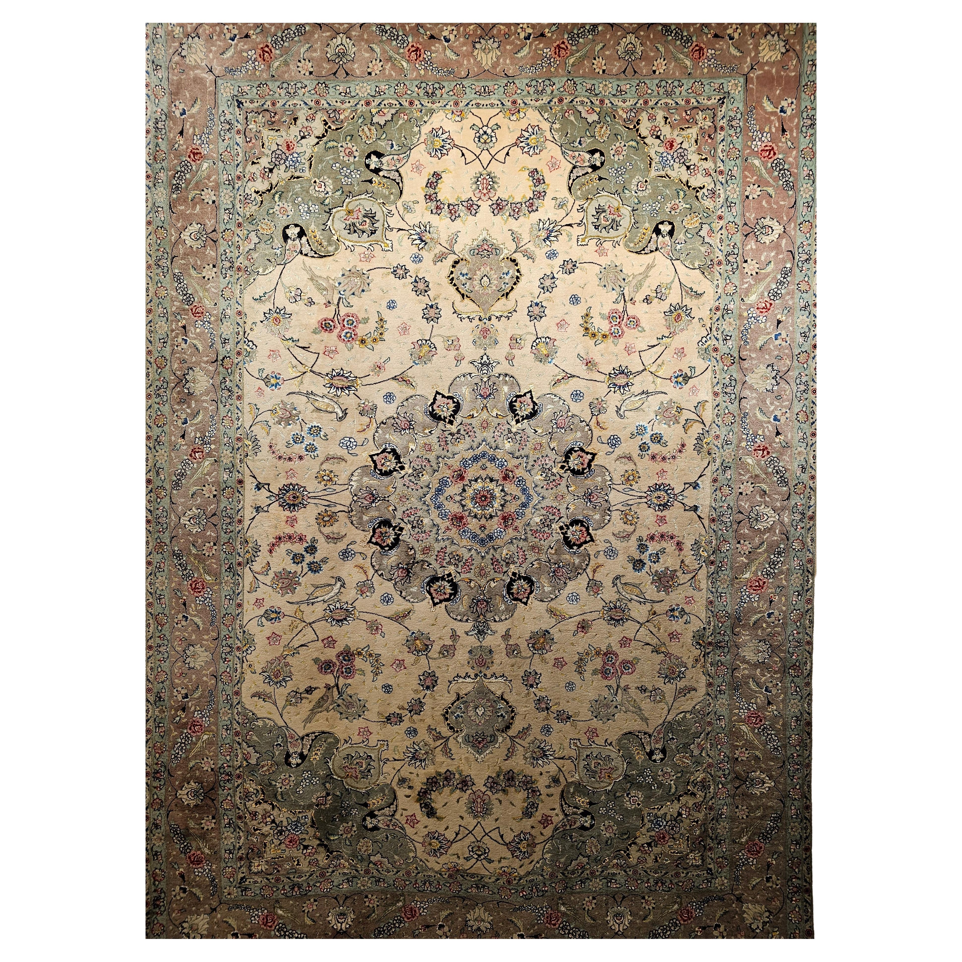 Vintage Persian Tabriz Room Size Rug in a Floral Pattern in Ivory, Taupe, Sage For Sale