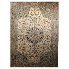Retro Persian Tabriz Room Size Rug in a Floral Pattern in Ivory, Taupe, Sage