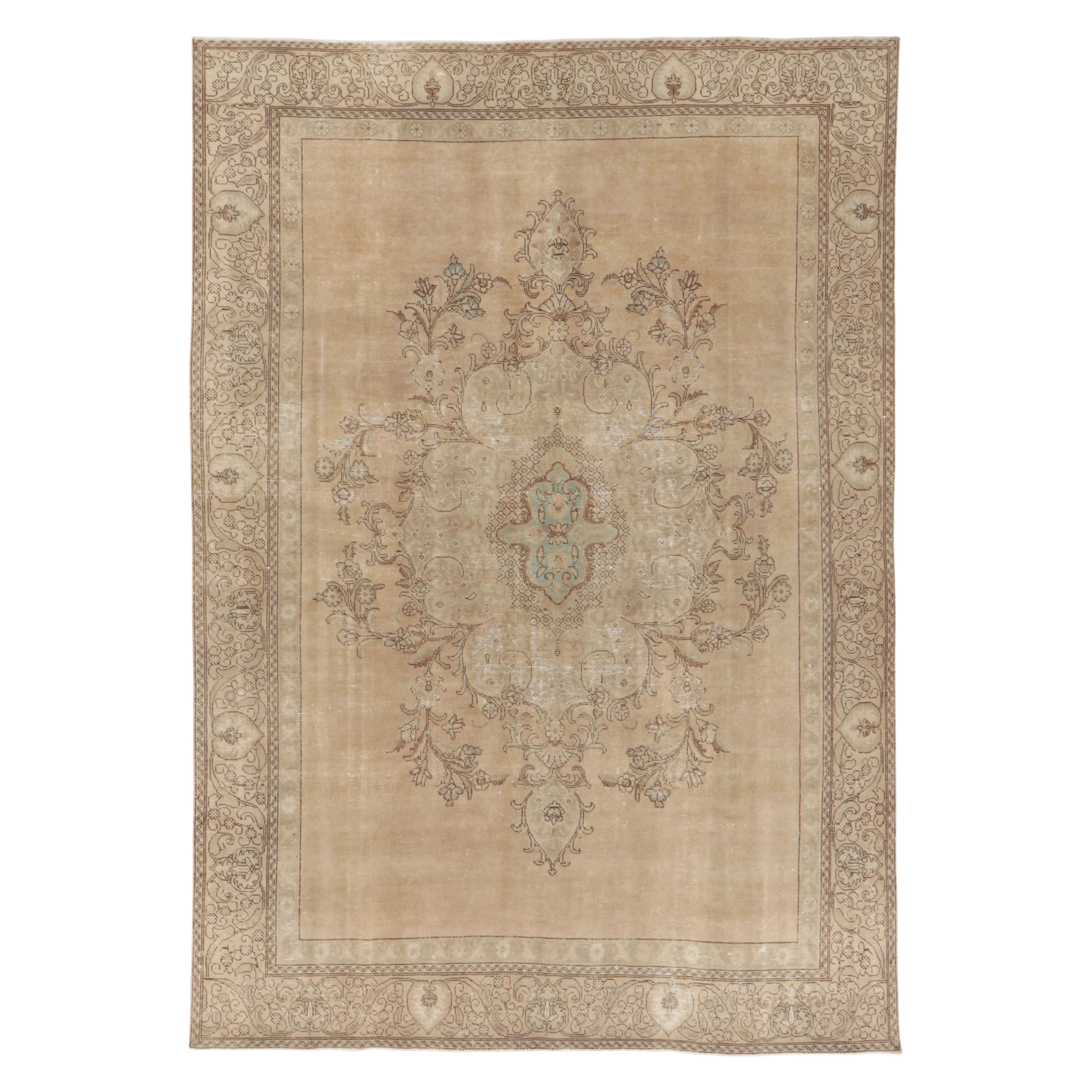 Vintage Persian Tabriz Rug, Desert Wash Medallion in Beige and Brown Rug & Kilim