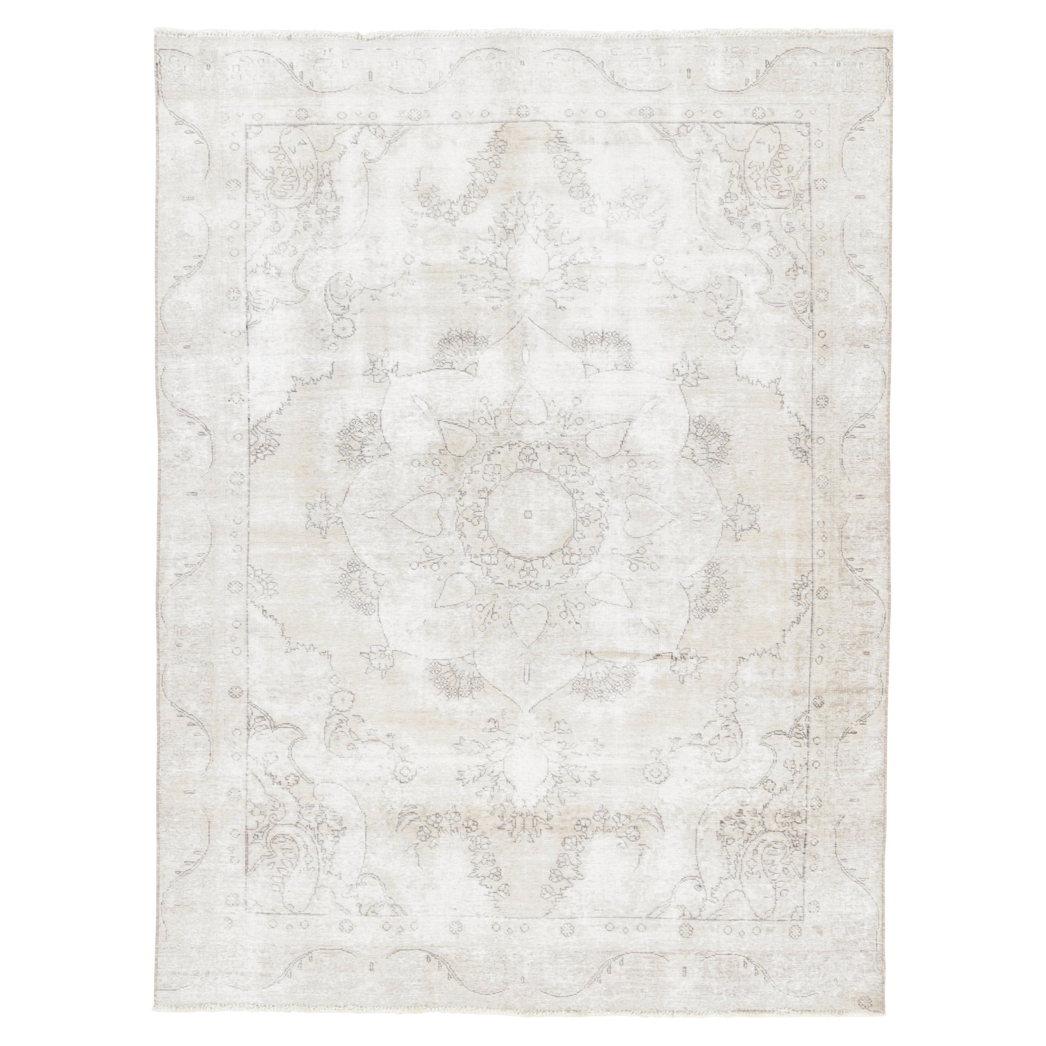 Tapis persan vintage Tabriz, médaillon éthéré en ivoire et taupe - Rug & Kilim