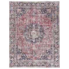 Vintage Persian Tabriz Rug, Faded Floral Medallion in Red and Indigo Rug & Kilim